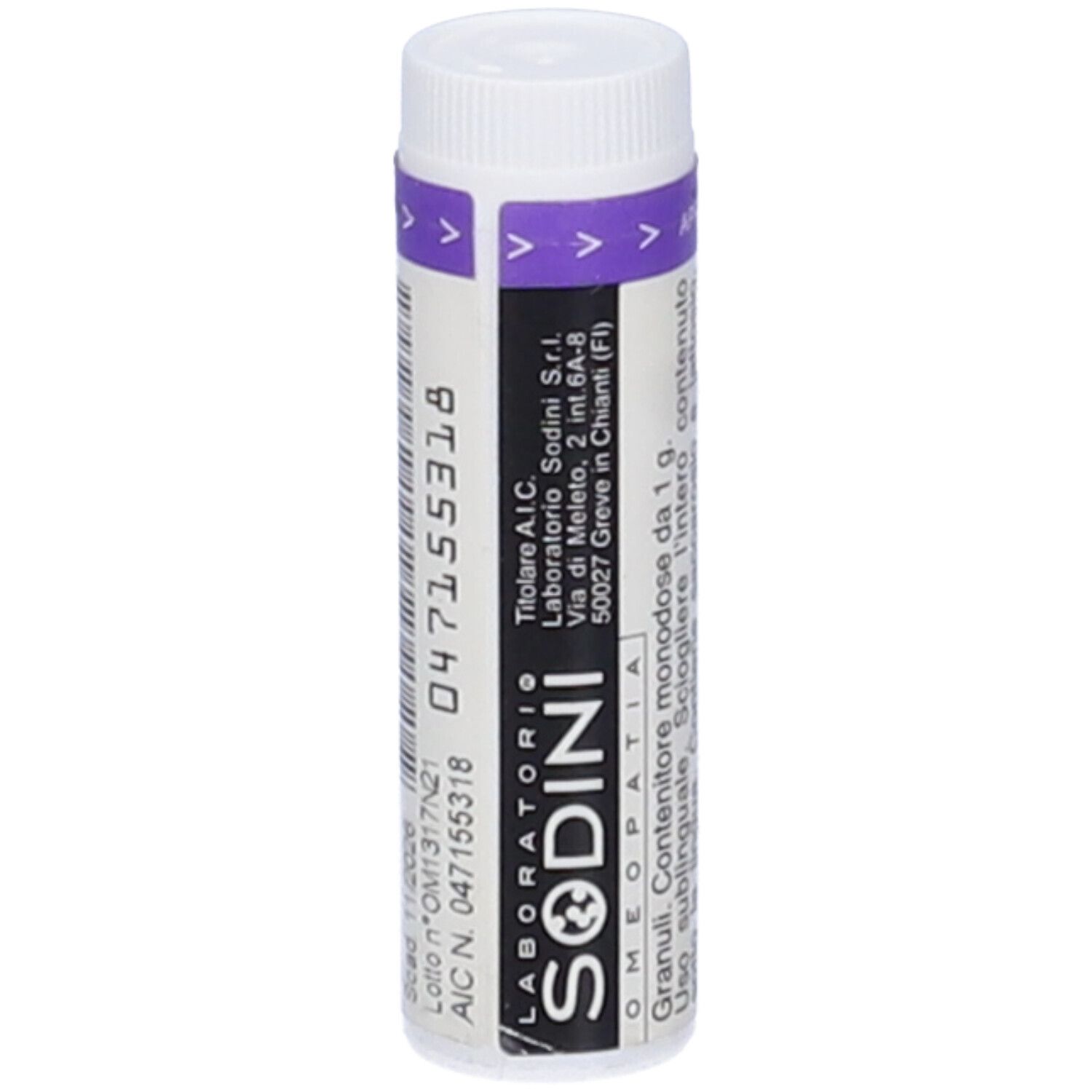 Flacone cilindrico bianco con stampa viola. Testo: LABORATORIO SODINI, OMEOPATIA, 047155318.