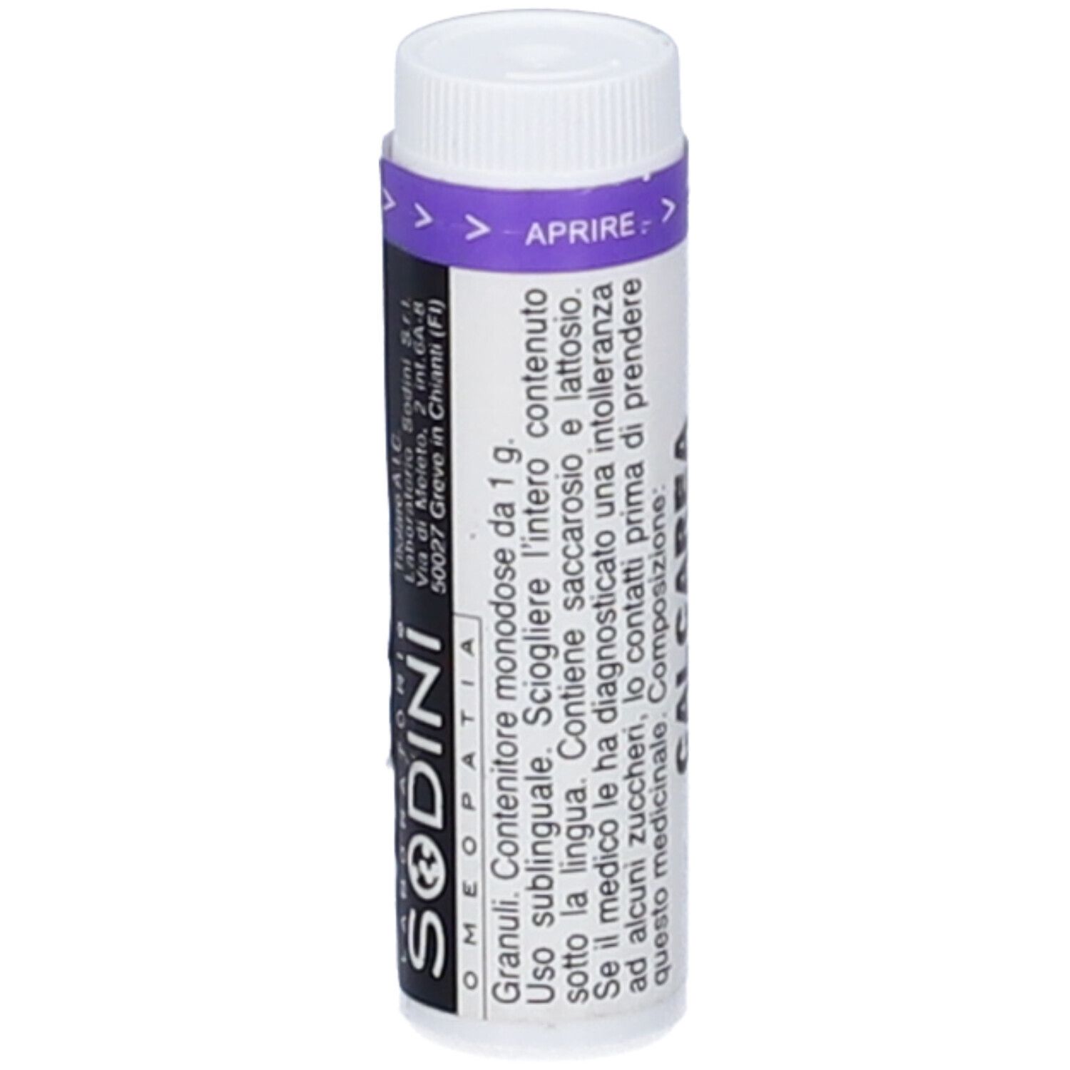 Contenitore cilindrico bianco con fascia viola. Scritta: SODINI, Granuli. Istruzioni per l'uso.