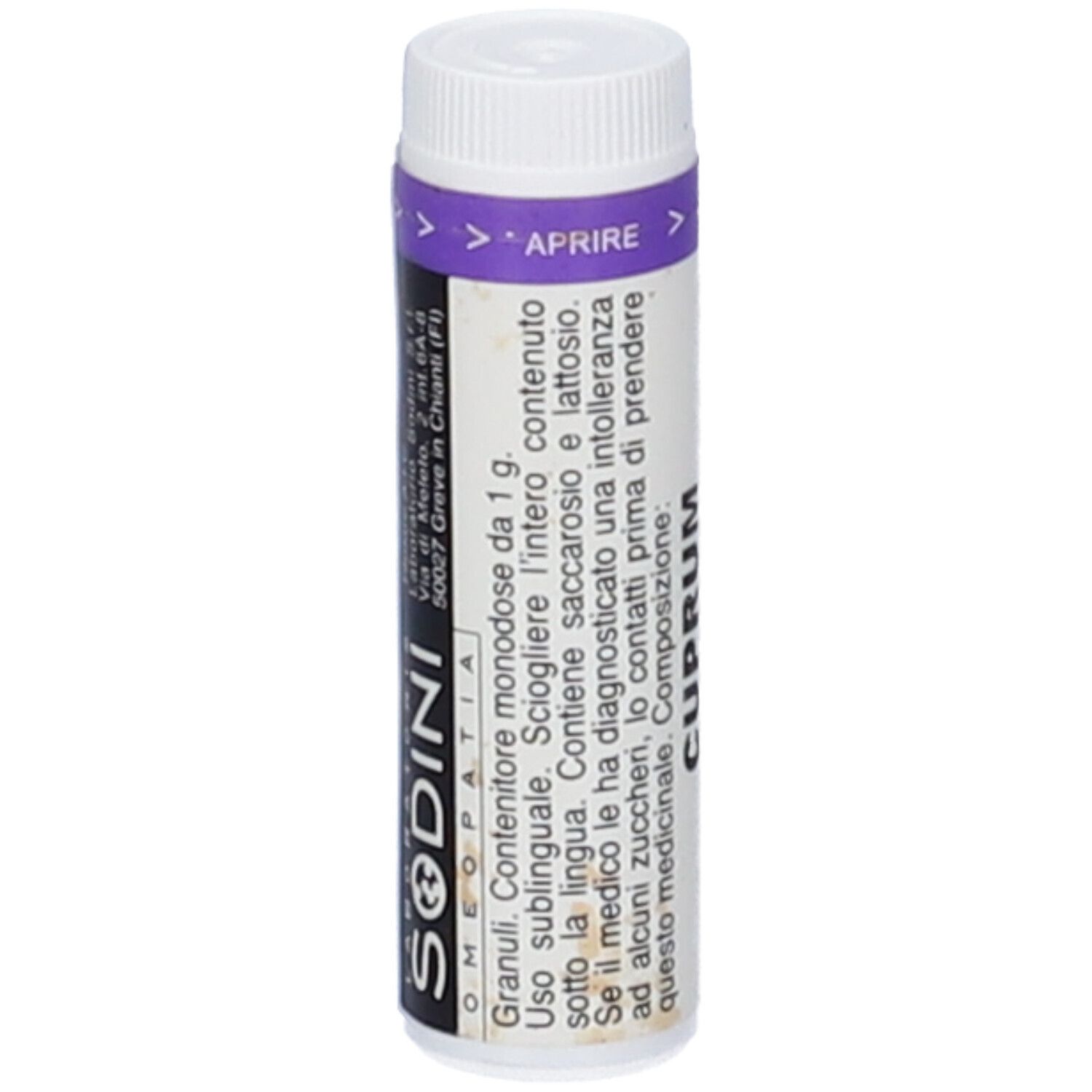 Contenitore cilindrico con tappo bianco e fascia viola. Scritta: SODINI OMEOPATIA. Granuli. Contenitore monodose. Istruzioni.