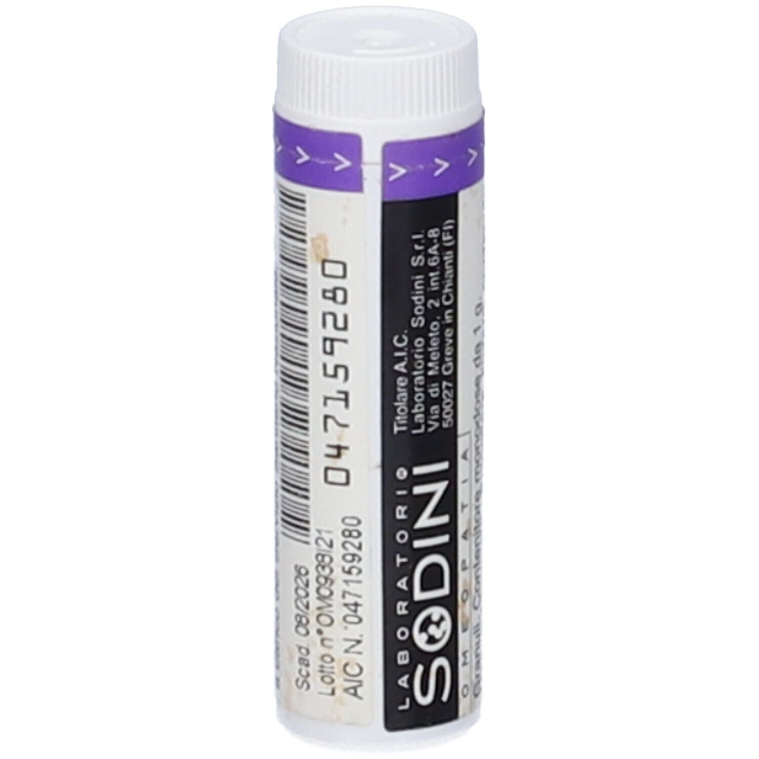 Contenitore cilindrico con tappo bianco e fascia viola. Scritta: LABORATORIO SODINI. Numero AIC. Scadenza.