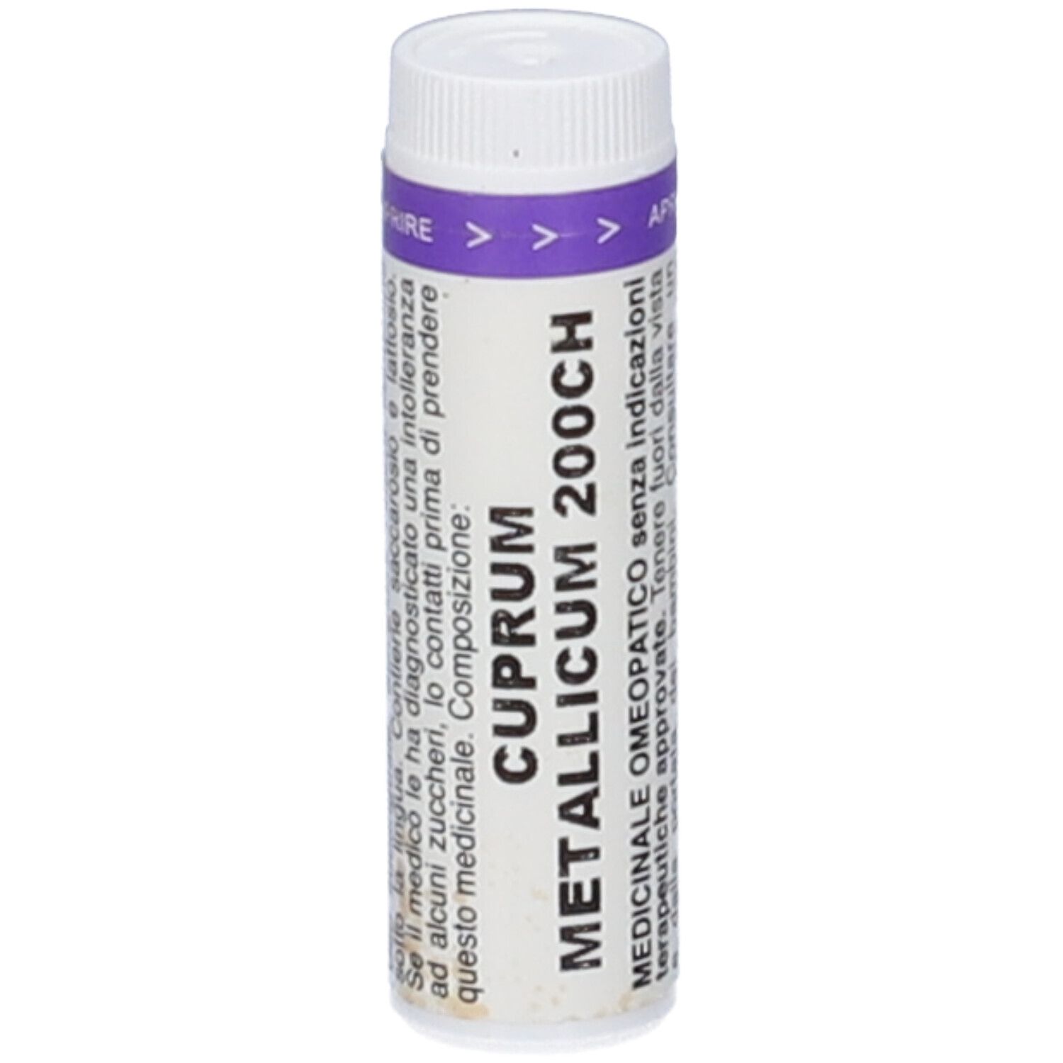 Contenitore cilindrico con tappo bianco e fascia viola. Scritta: CUPRUM METALLICUM 200CH. Indicazioni mediche. Monodose.