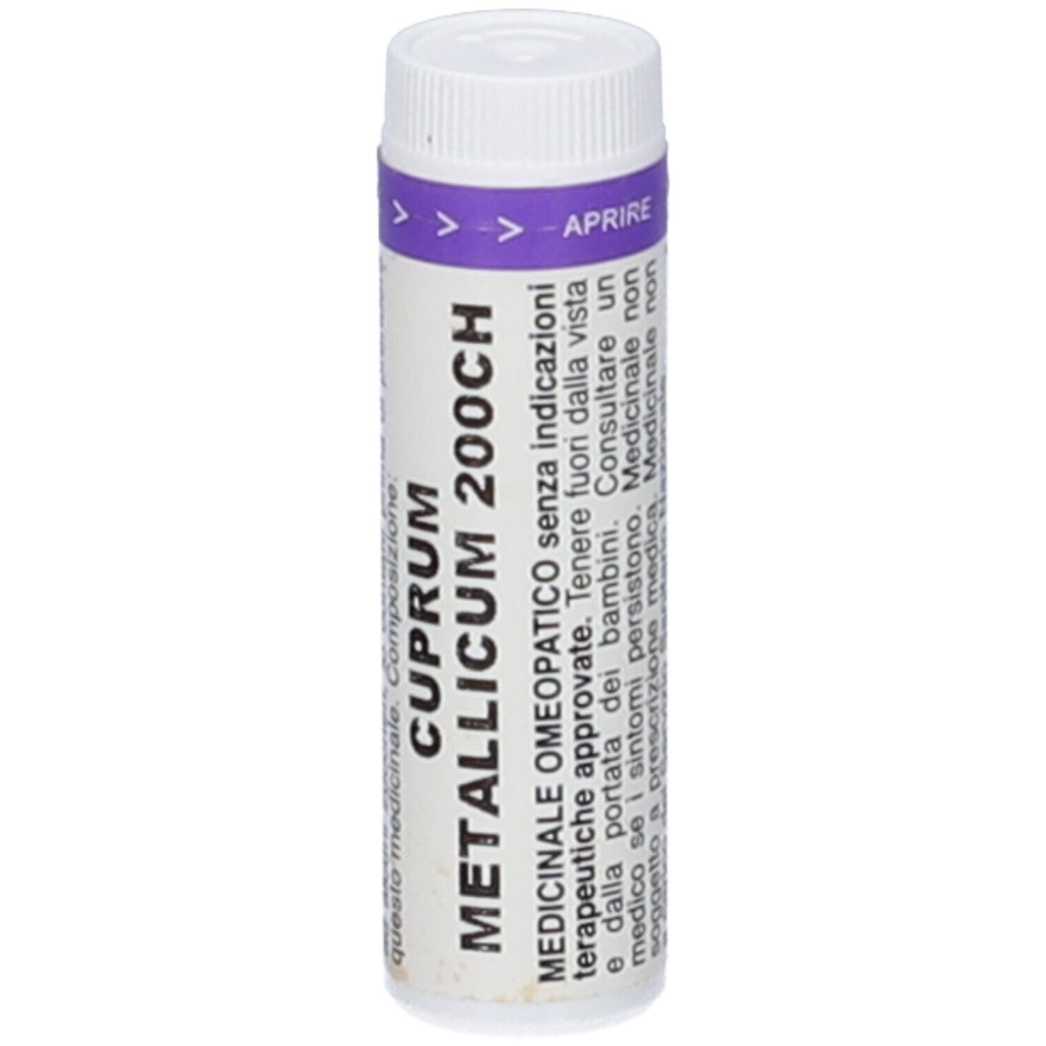 Contenitore cilindrico con tappo bianco e fascia viola. Scritta: CUPRUM METALLICUM 200CH. Indicazioni mediche. Monodose.
