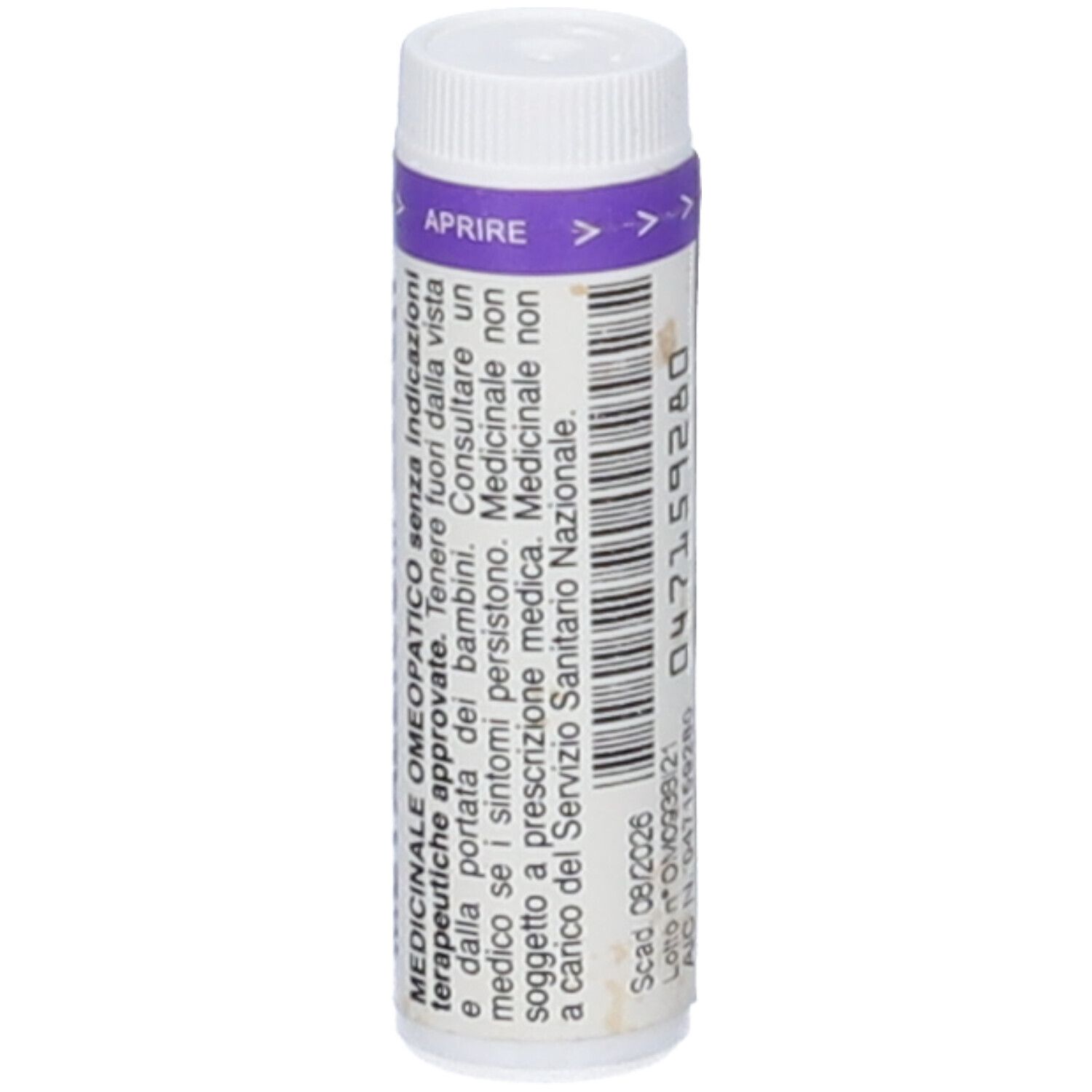 Contenitore cilindrico con tappo bianco e fascia viola. Scritta: CUPRUM METALLICUM 200CH. Indicazioni mediche. Scadenza.