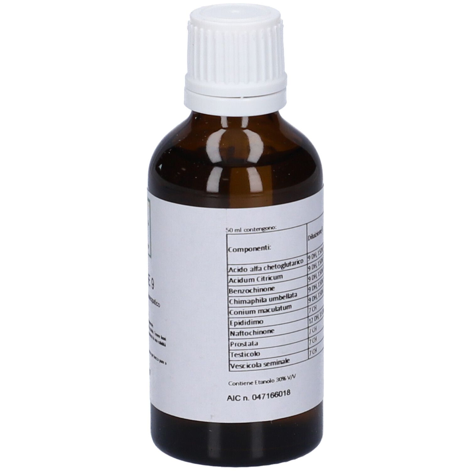 Flacone di vetro marrone con tappo bianco. Etichetta con testo: Ingredienti. Vista posteriore.