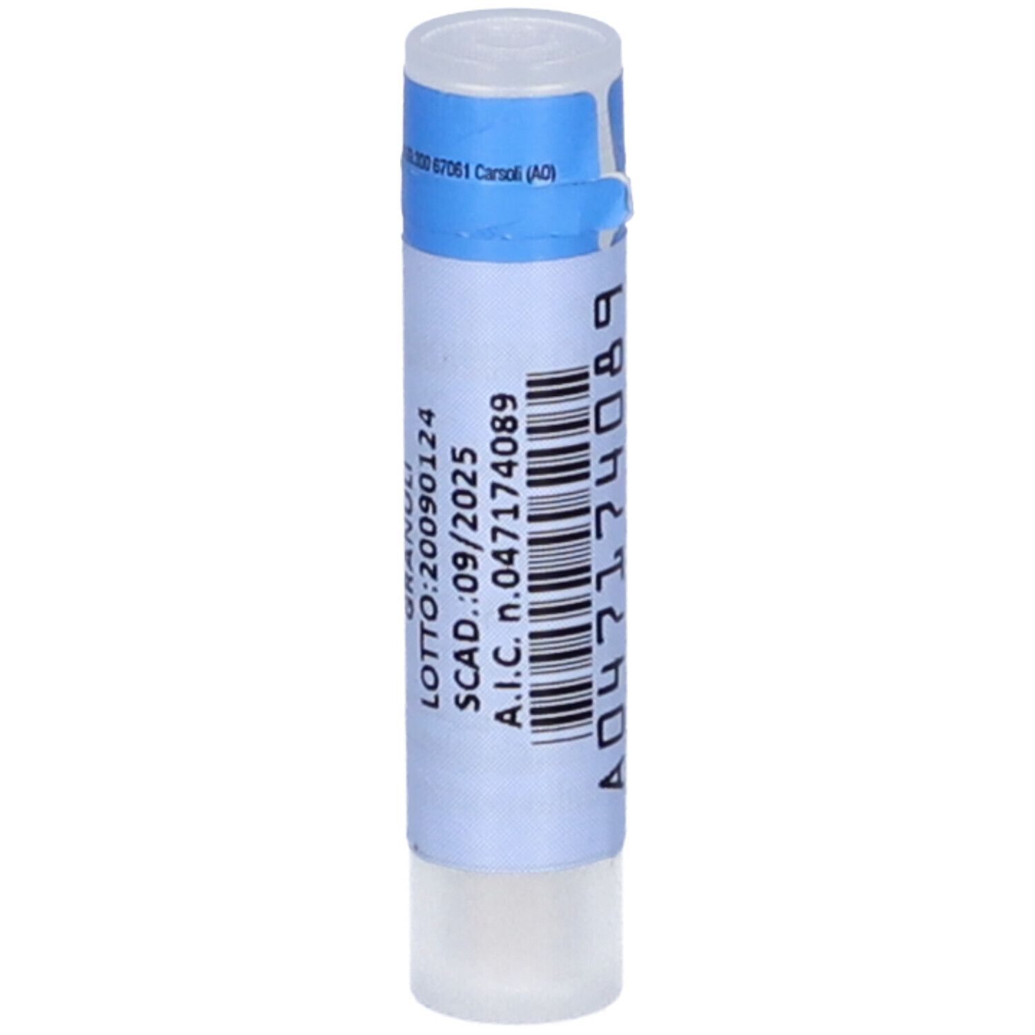 Contenitore monodose cilindrico. Codice a barre e scritta: A047174089. Colori blu e bianco.