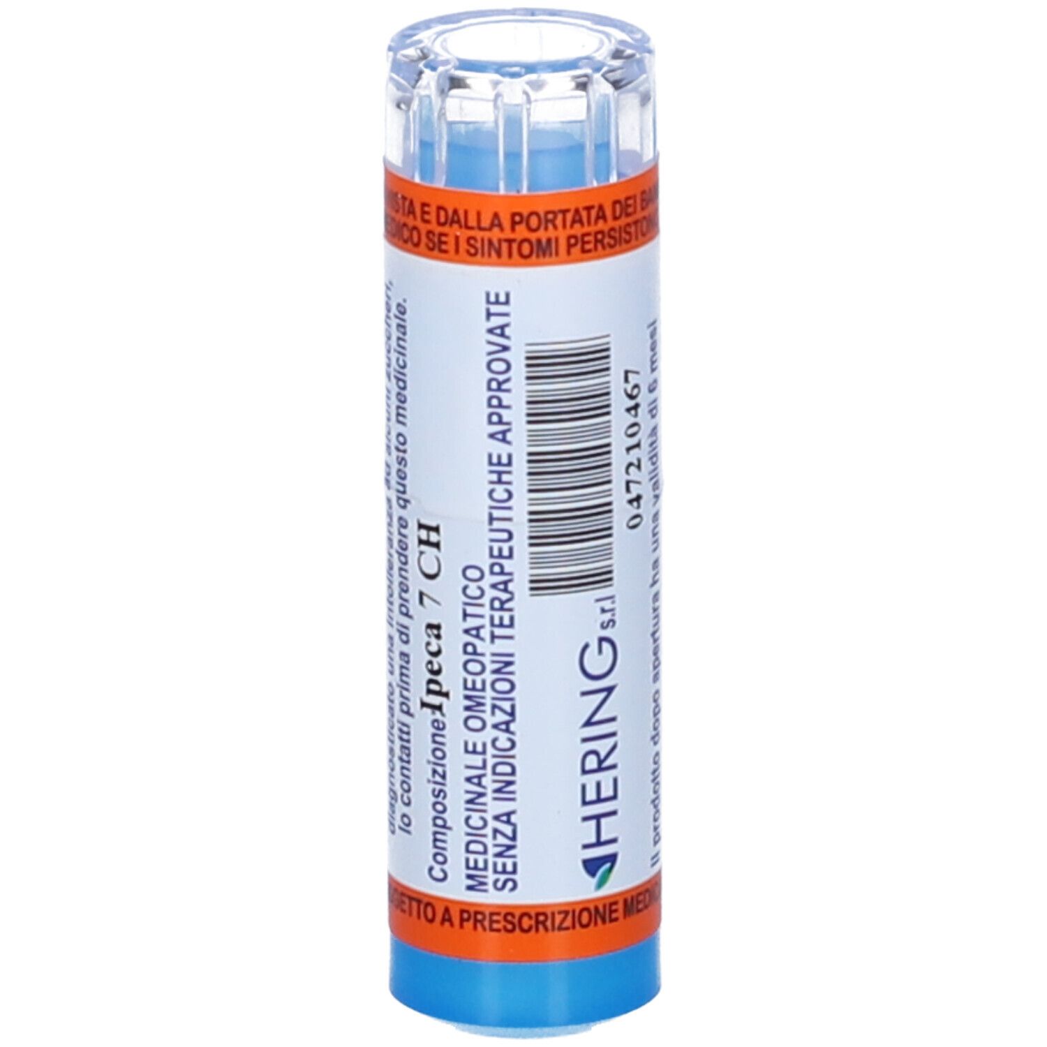 Flacone blu cilindrico con etichetta bianca. Scritta: IPECA 7 CH. Dettagli arancioni. Coperchio trasparente. Testo: Indicazioni terapeutiche.