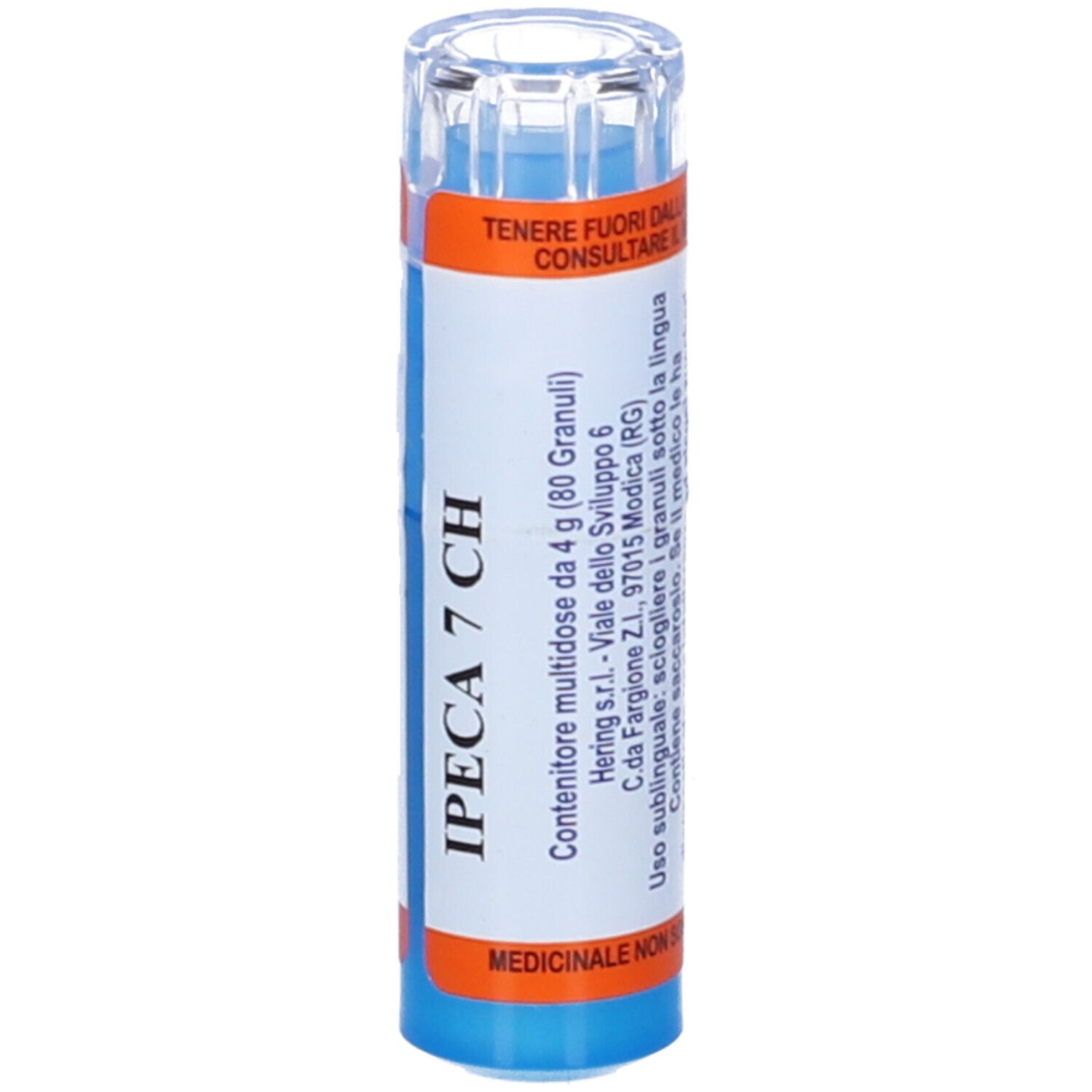 Flacone blu cilindrico con etichetta bianca. Scritta: IPECA 7 CH, 80 Granuli. Dettagli arancioni. Coperchio trasparente. Istruzioni per l'uso.