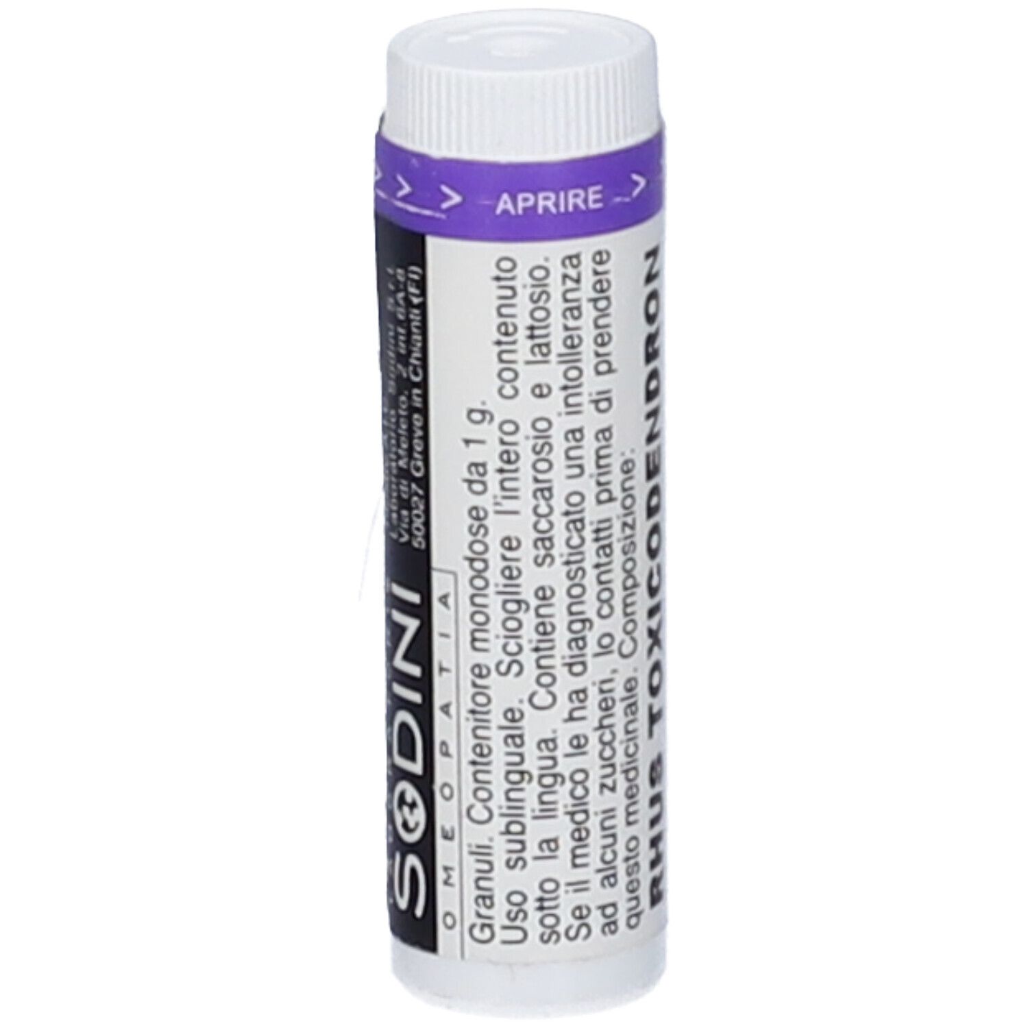 Flacone cilindrico bianco con fascia viola. Scritta: SODINI OMEOPATIA. Testo in italiano.