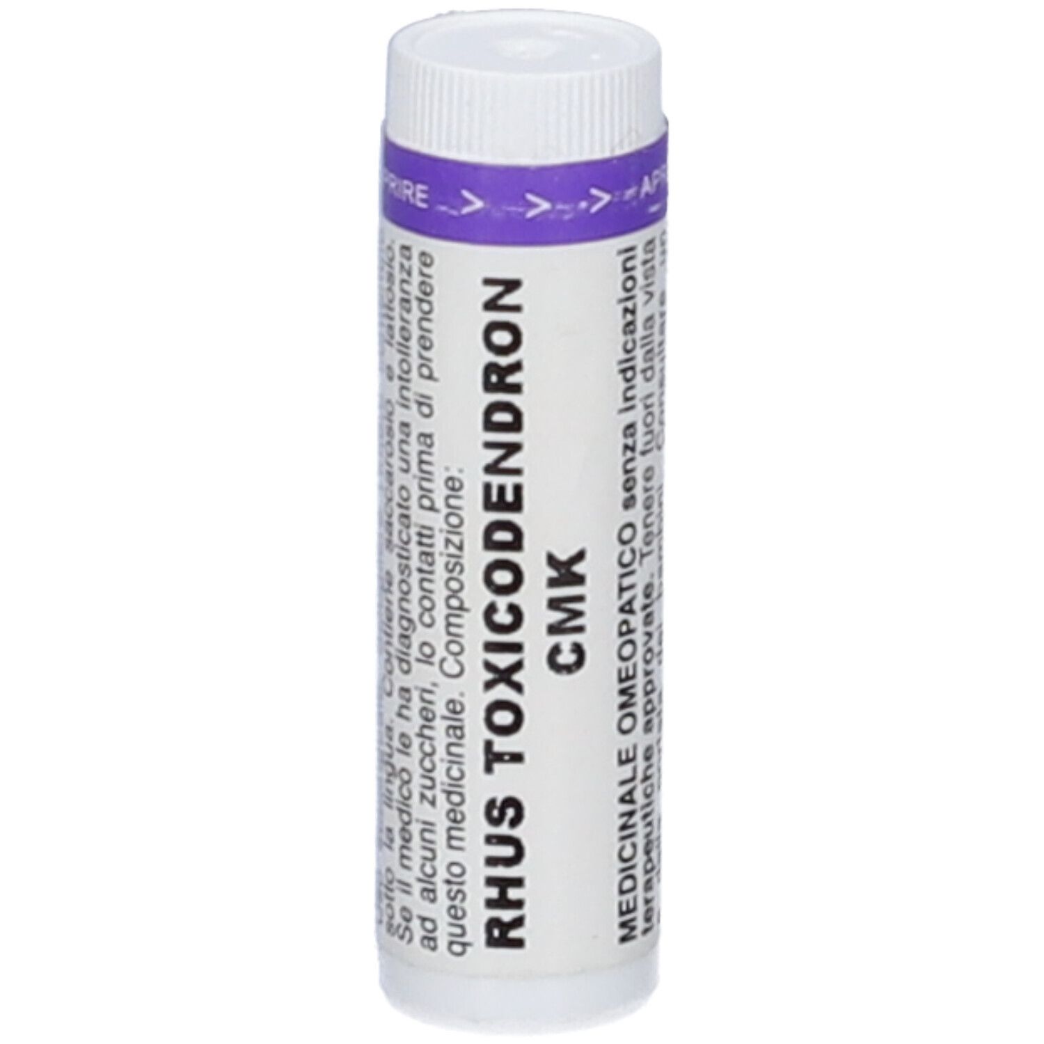 Flacone cilindrico bianco con fascia viola. Scritta: RHUS TOXICODENDRON CMK. Testo in italiano.