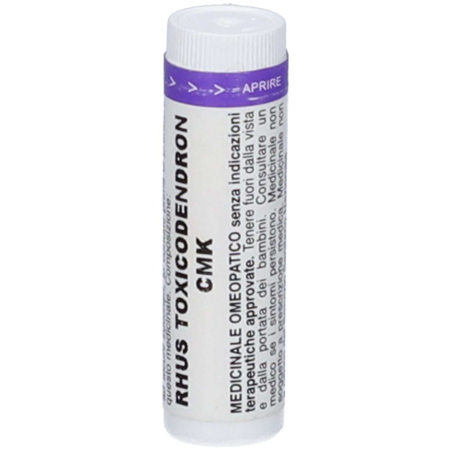 Flacone cilindrico bianco con fascia viola. Scritta: RHUS TOXICODENDRON CMK. Testo in italiano.
