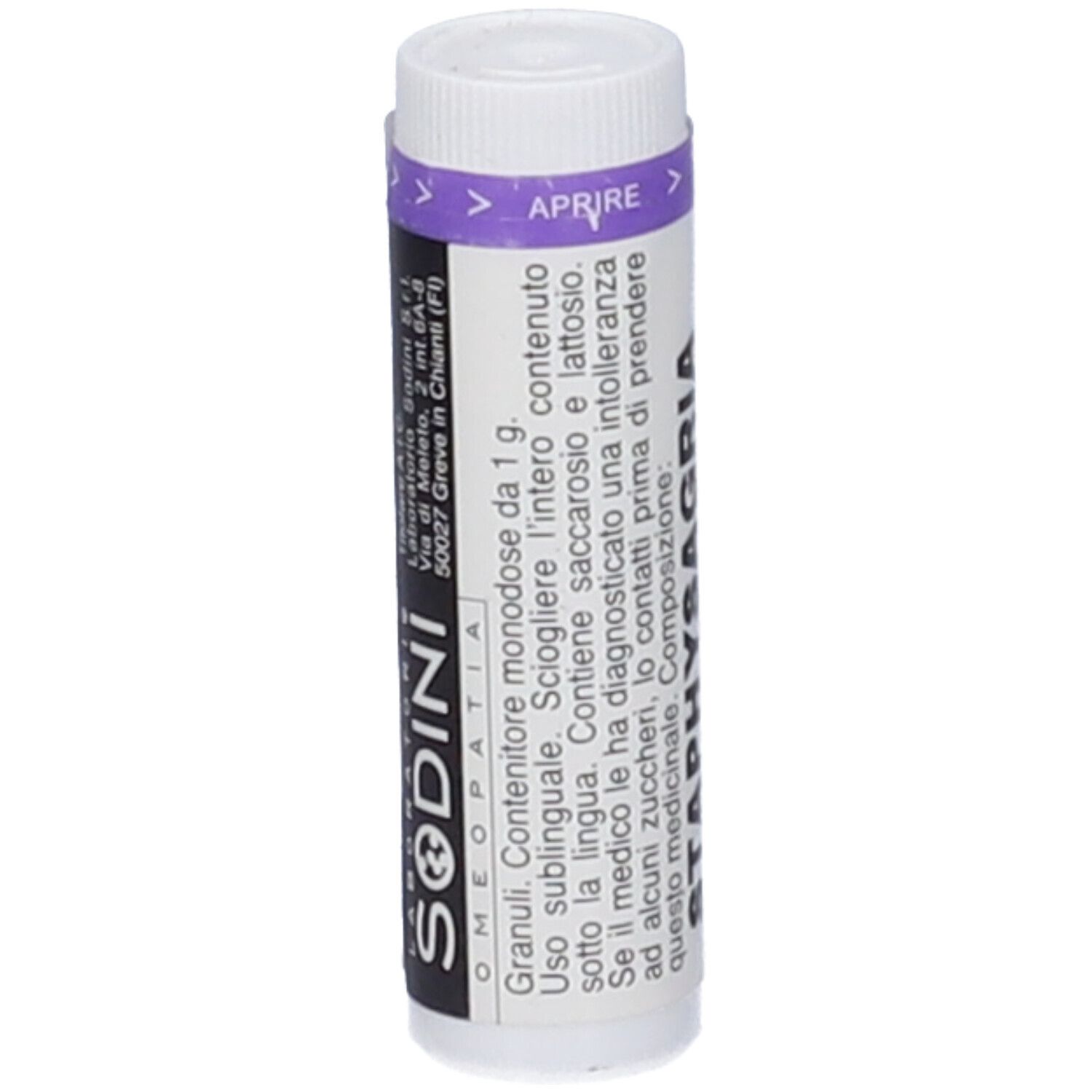 Confezione cilindrica bianca con fascia viola. Scritta: SODINI OMEOPATIA. Testo e logo. In alto: frecce e "APRIRE".