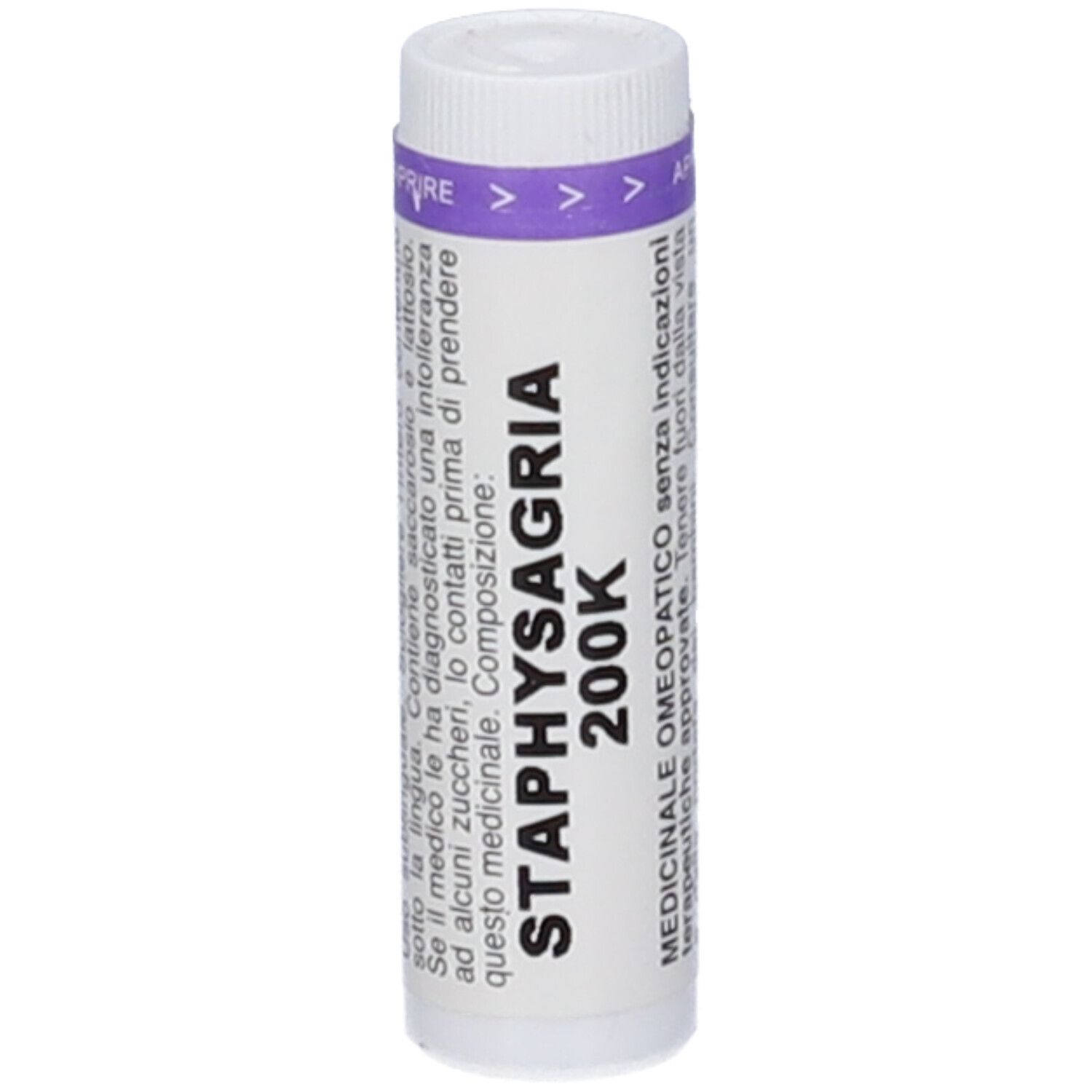 Confezione cilindrica bianca con fascia viola. Scritta: STAPHYSAGRIA 200K. In alto: frecce e "APRIRE".