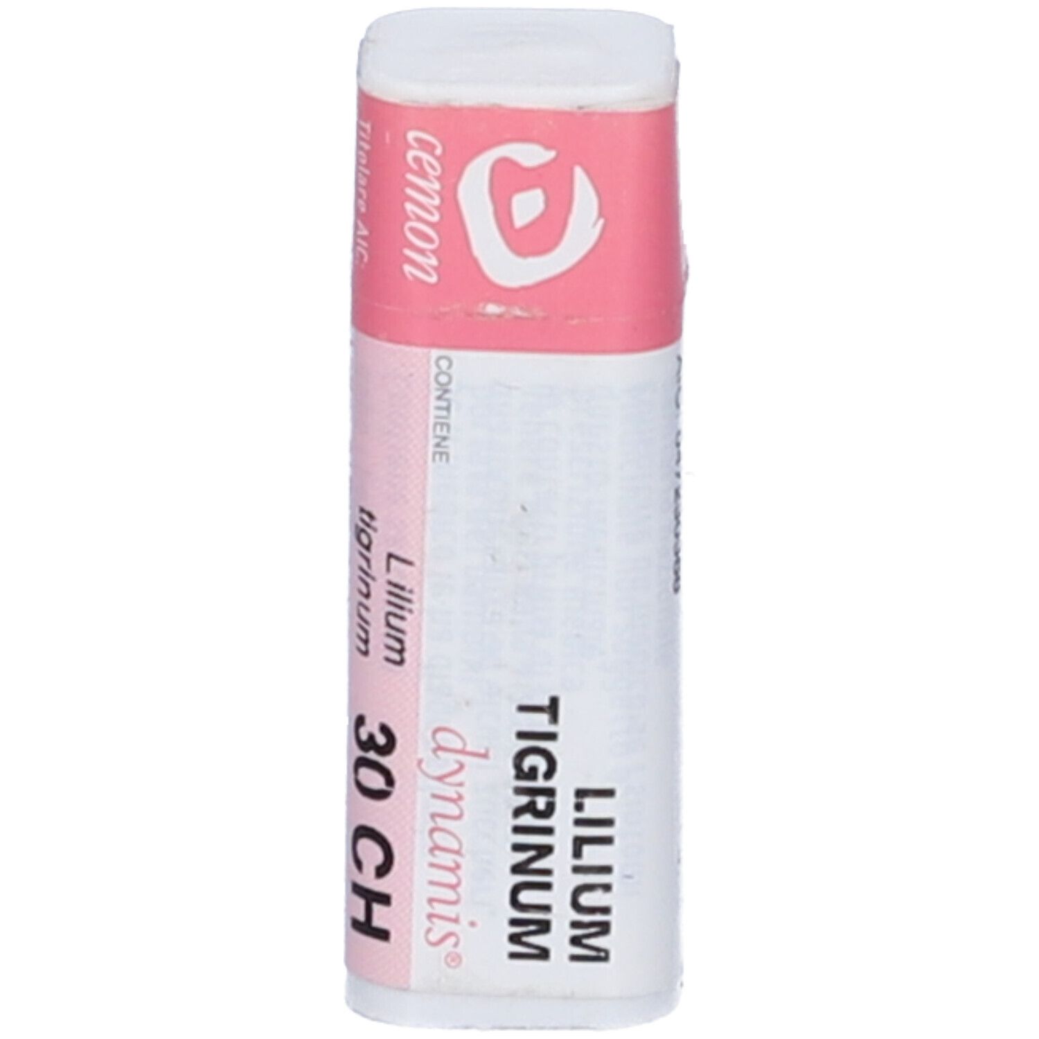 Flacone cilindrico bianco con fascia rosa. Scritte: Lilium Tigrinum 30 CH, dynamis, cemon. Nome del prodotto visibile.