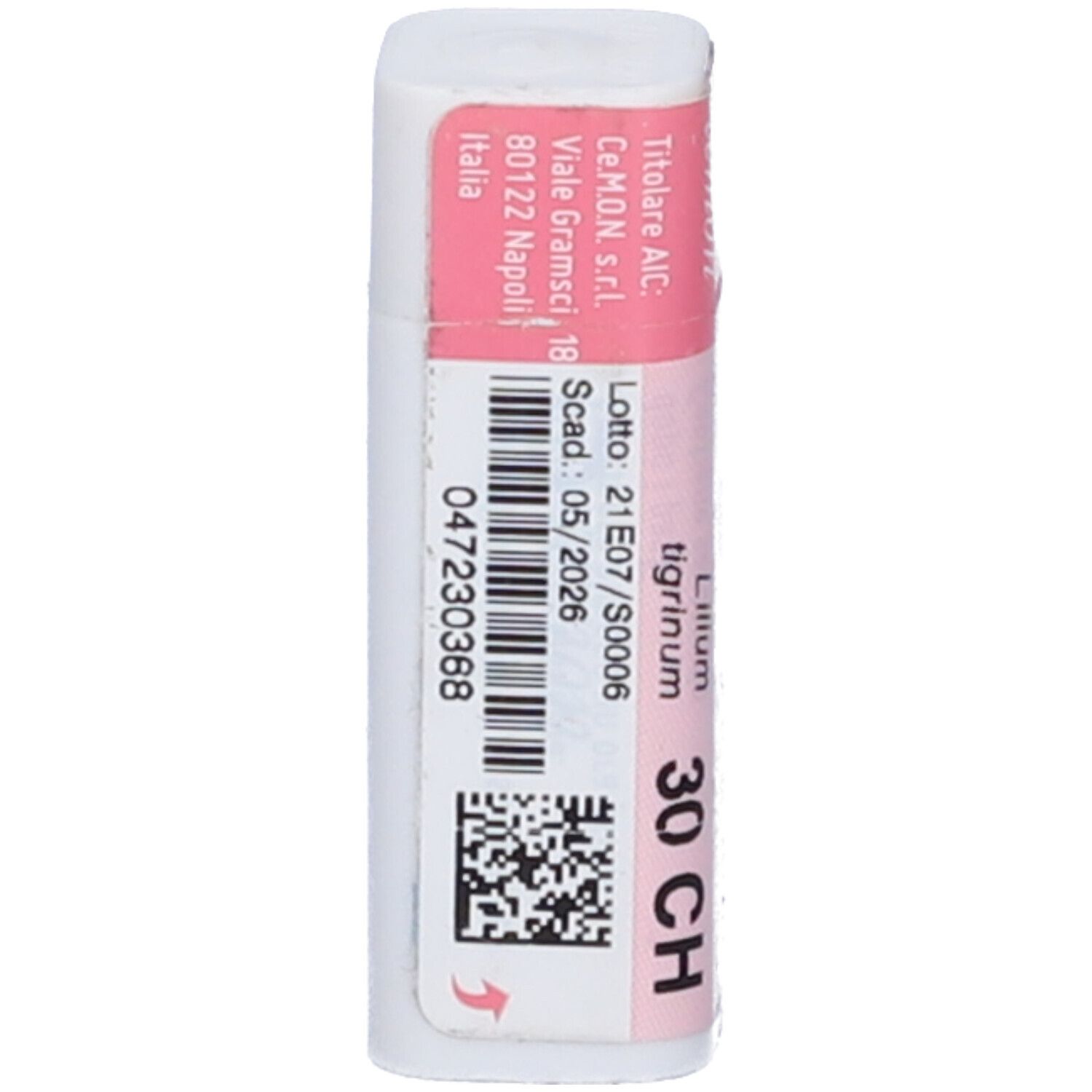 Flacone cilindrico bianco con fascia rosa. Scritte: Lilium Tigrinum 30 CH, dynamis, cemon. Codice a barre e QR code.