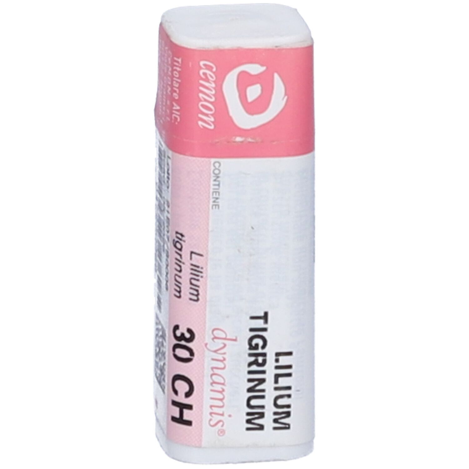 Flacone cilindrico bianco con fascia rosa. Scritte: Lilium Tigrinum 30 CH, dynamis, cemon. Nome del prodotto visibile.