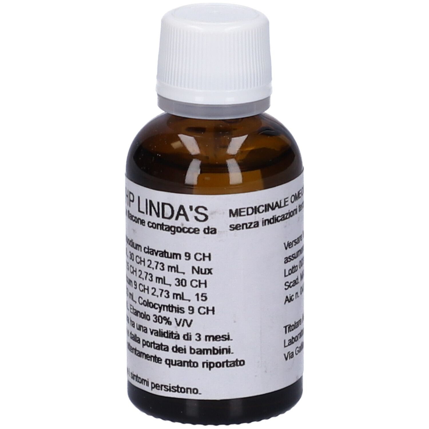 Flacone di vetro marrone con tappo bianco. Etichetta con informazioni sul prodotto. Testo: HP LINDA'S, MEDICINALE OMEOPATICO.