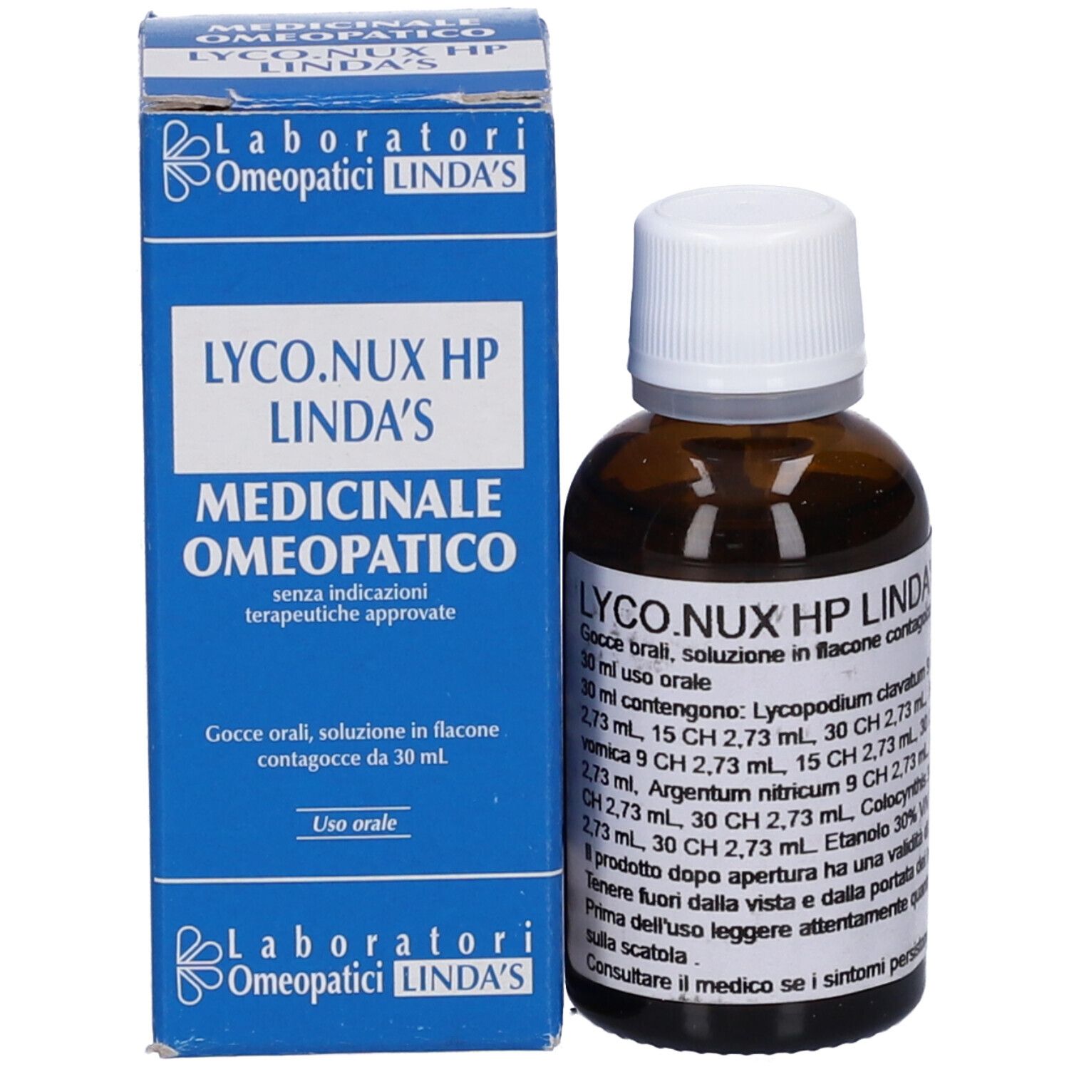 Confezione del prodotto con flacone. Scatola blu con testo bianco: LYCO.NUX HP LINDA'S, MEDICINALE OMEOPATICO.