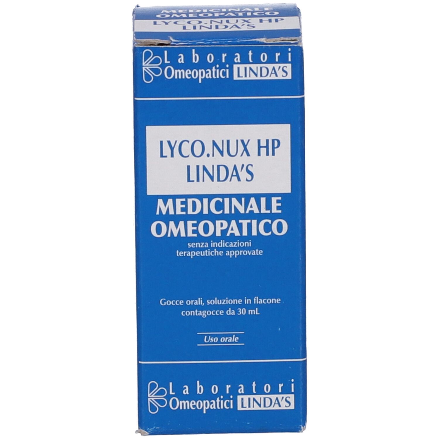 Confezione del prodotto blu. Testo: LYCO.NUX HP LINDA'S, MEDICINALE OMEOPATICO.