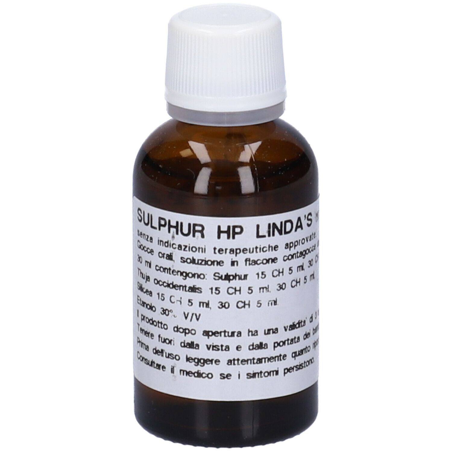 Flacone di vetro marrone con tappo bianco. Scritta: Sulphur HP Linda's. Gocce, soluzione orale.