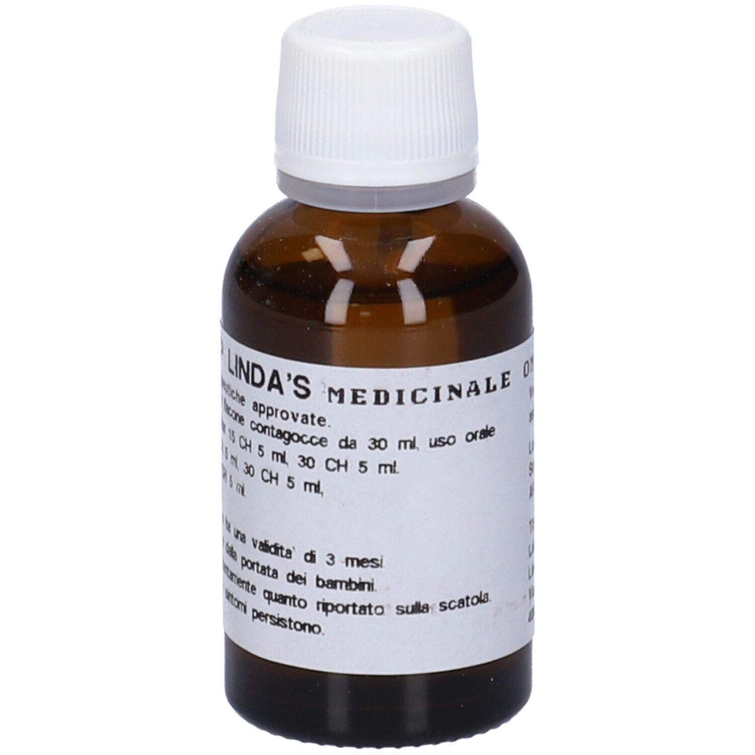 Flacone di vetro marrone con tappo bianco. Etichetta con informazioni prodotto. Produttore: Linda's Medicinale.