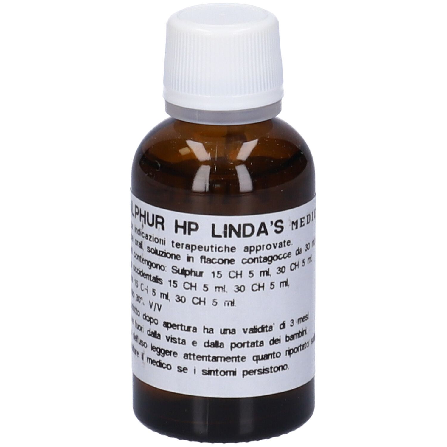 Flacone di vetro marrone con tappo bianco. Scritta: Sulphur HP Linda's Medicinale. Gocce, soluzione orale.
