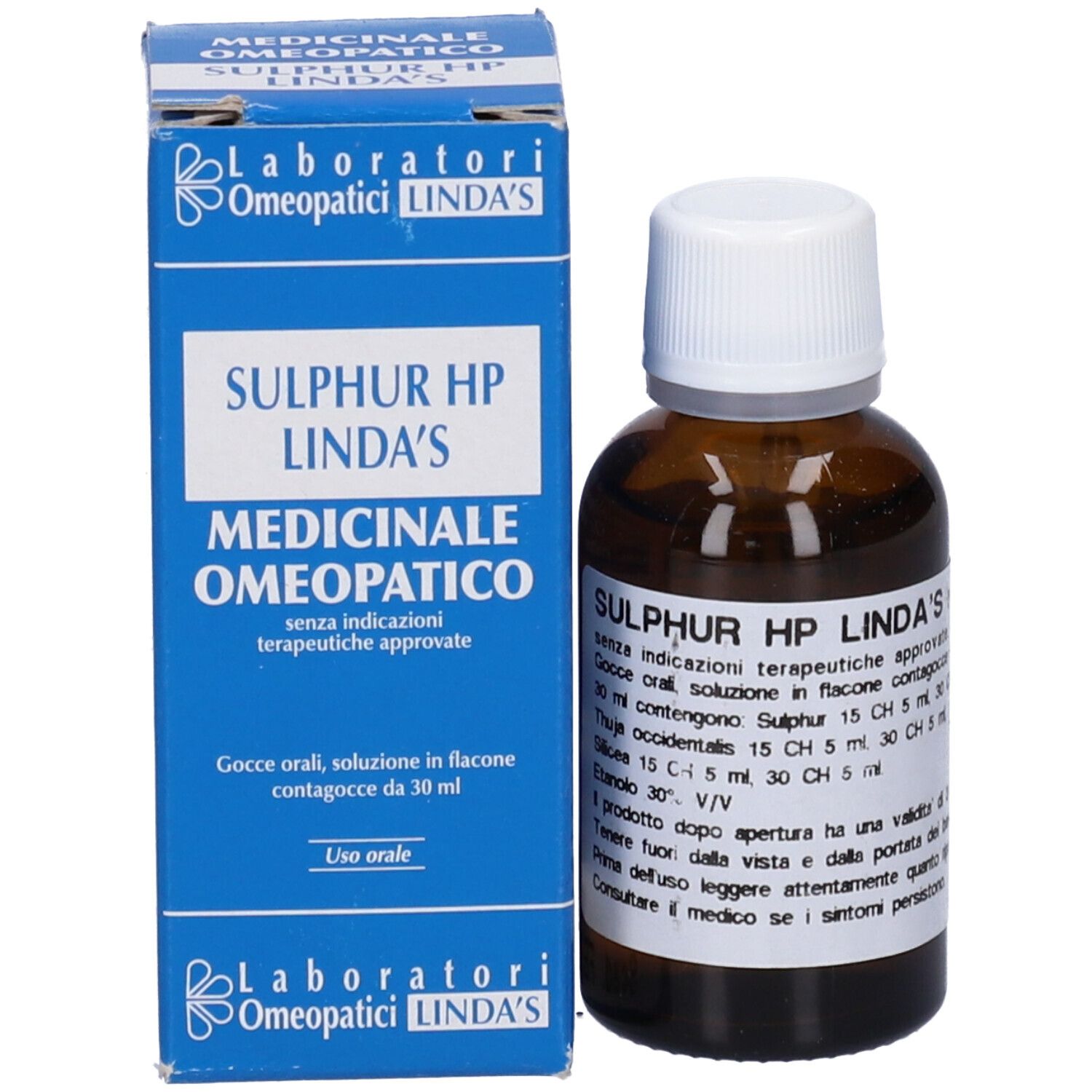 Flacone di vetro marrone e scatola blu. Scritta: Sulphur HP Linda's Medicinale. Gocce, soluzione orale.
