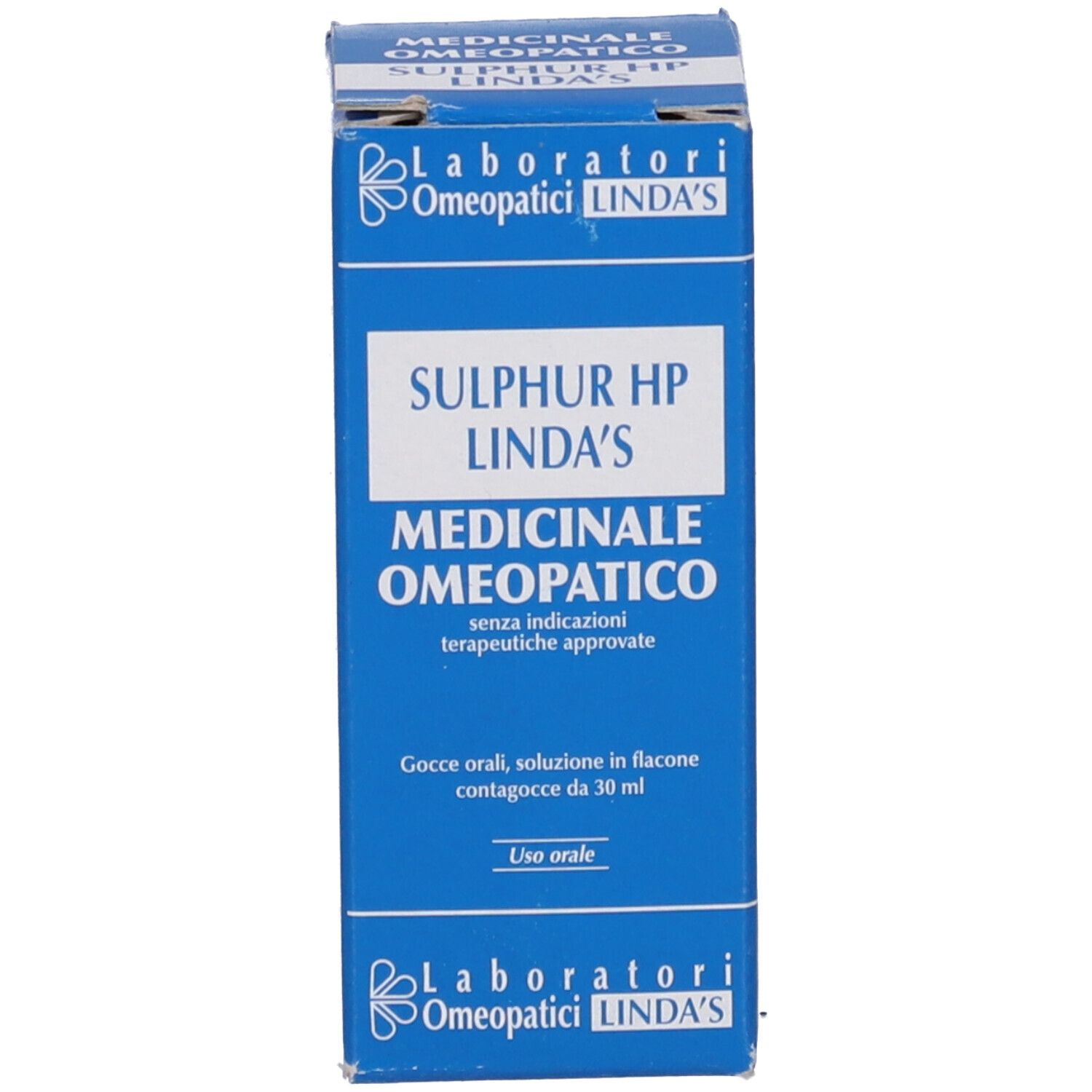 Scatola blu con informazioni prodotto. Scritta: Sulphur HP Linda's Medicinale. Gocce, soluzione orale.