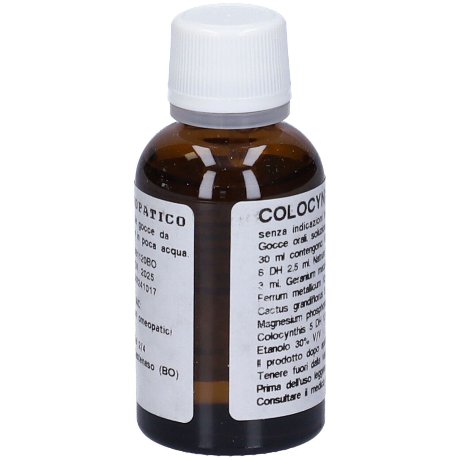 Flacone di vetro marrone con tappo bianco. Etichetta con ingredienti e dosaggio. Nome prodotto: COLOCYNTHIS VIS-HP.