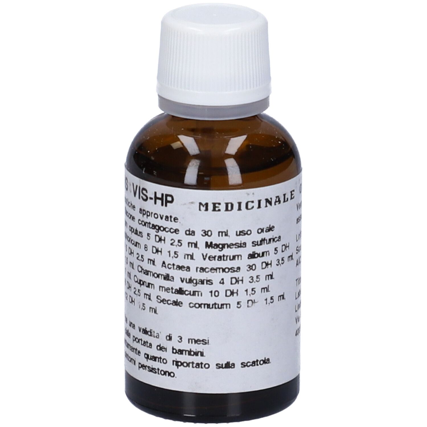 Flacone di vetro marrone con tappo bianco. Etichetta con informazioni sul prodotto. Scritta: MEDICINALE. Nome prodotto: VIS-HP.