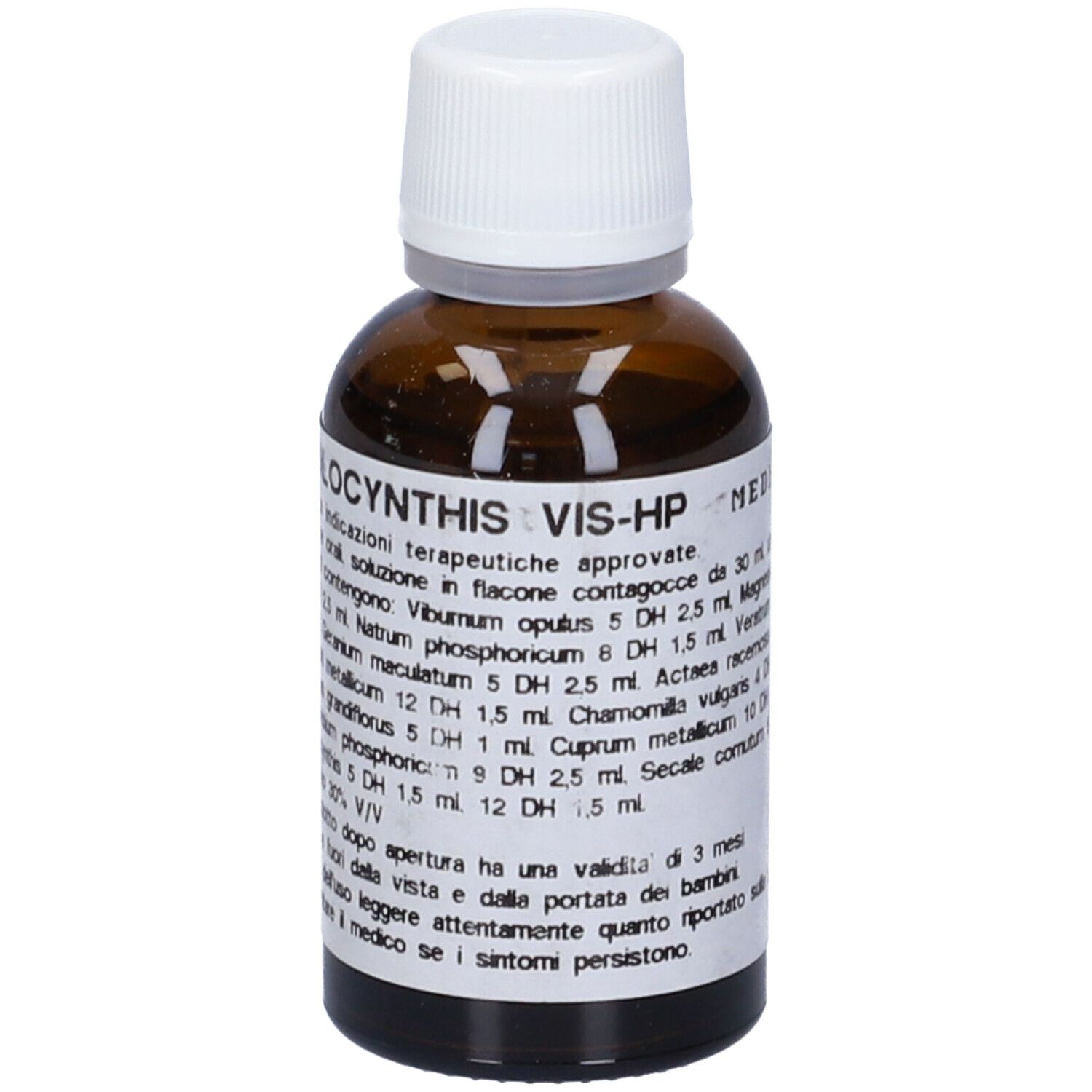 Flacone di vetro marrone con tappo bianco. Etichetta con informazioni sul prodotto. Nome prodotto: COLOCYNTHIS VIS-HP.