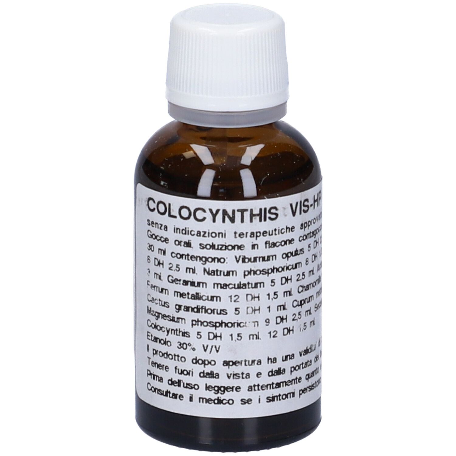 Flacone di vetro marrone con tappo bianco. Etichetta con informazioni sul prodotto. Nome prodotto: COLOCYNTHIS VIS-HP.