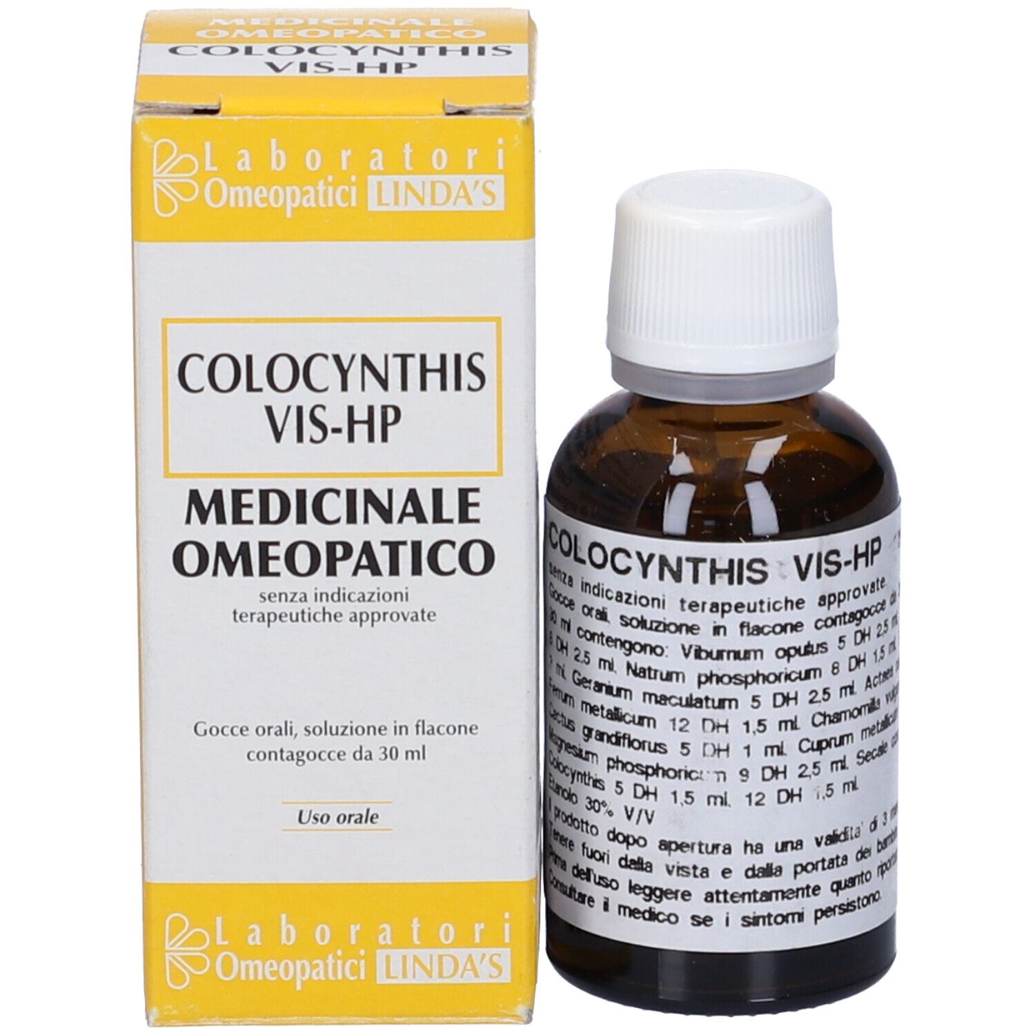 Flacone e confezione del prodotto. Confezione con nome del prodotto: COLOCYNTHIS VIS-HP. Logo del produttore: Linda's Omeopatici.