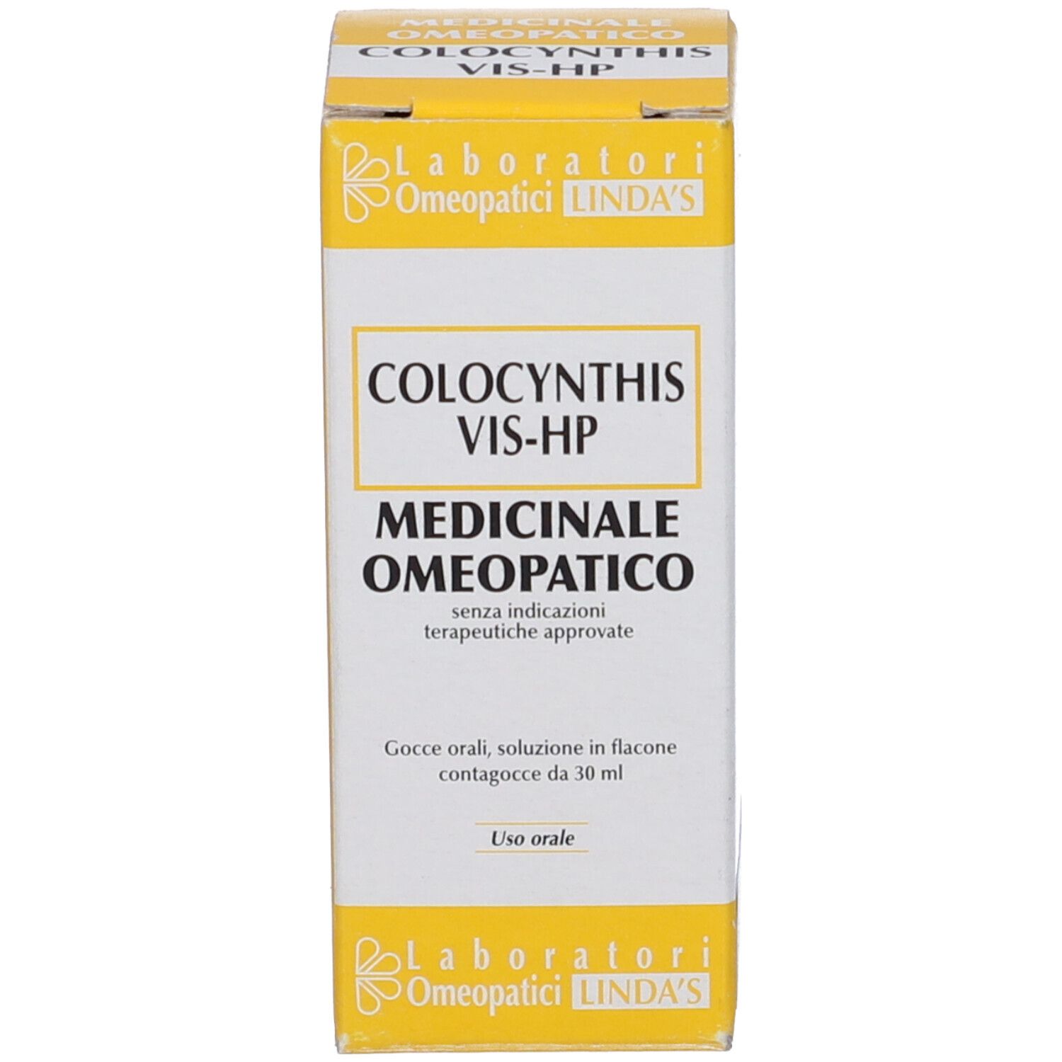 Confezione del prodotto. Scritta: COLOCYNTHIS VIS-HP. Logo del produttore: Linda's Omeopatici. Testo: MEDICINALE OMEOPATICO.