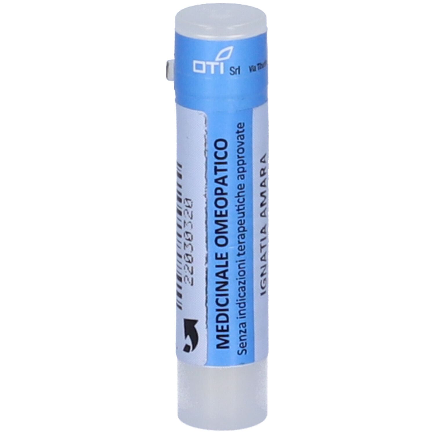 Contenitore monodose cilindrico. Etichetta blu e bianca. Testo: Medicinale Omeopatiche, Ignatia Amara. Numero di lotto.