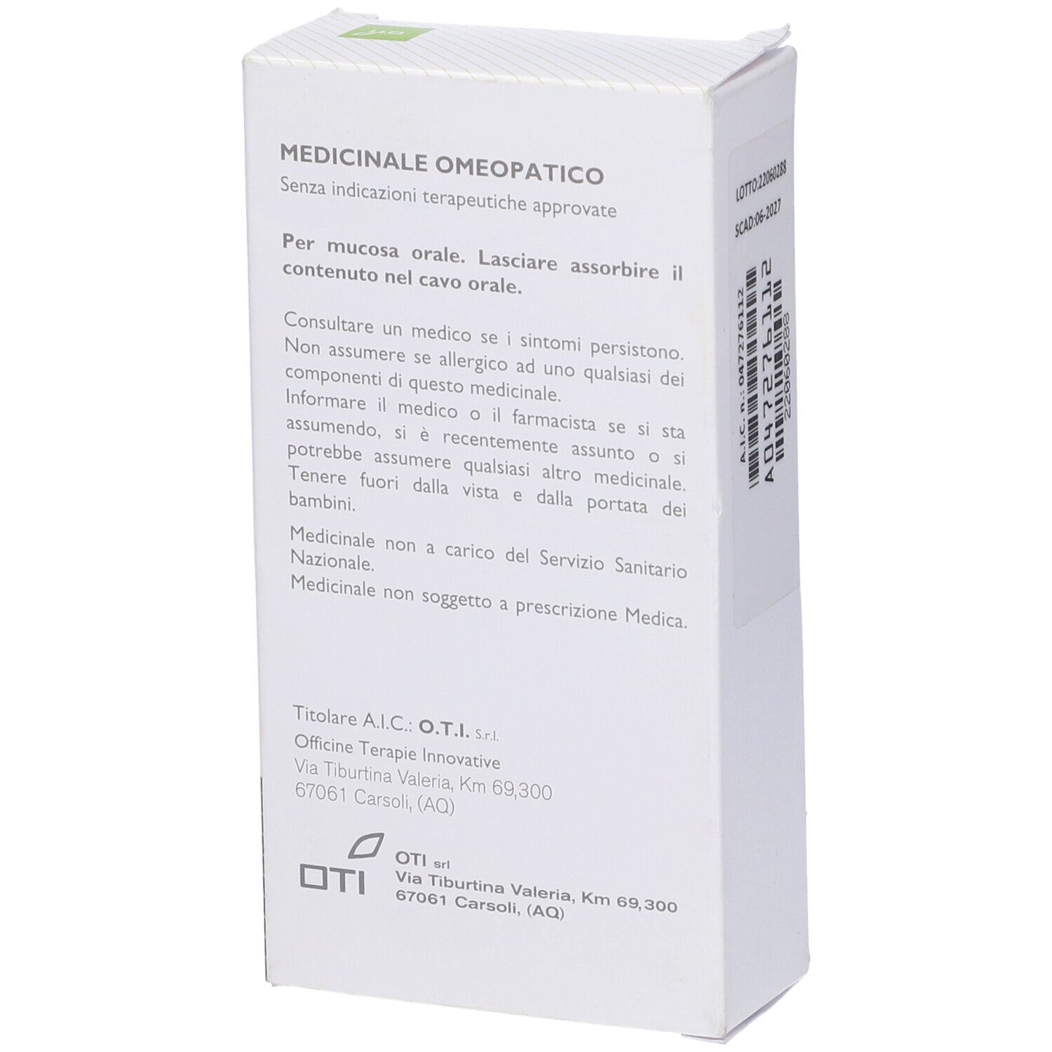 Scatola bianca con testo. Informazioni mediche, indirizzo del produttore. Logo OTI. Retro.