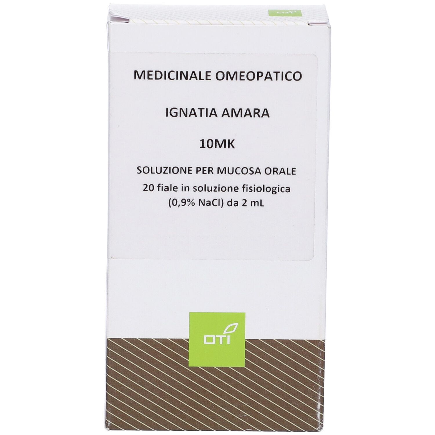 Scatola bianca con testo: Ignatia Amara 10MK, 20 fiale da 2 ml. Logo OTI. Prodotto medico.
