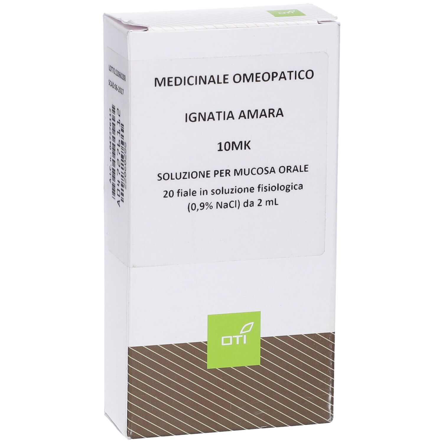 Scatola bianca con testo: Ignatia Amara 10MK, 20 fiale da 2 ml. Logo OTI. Prodotto medico.