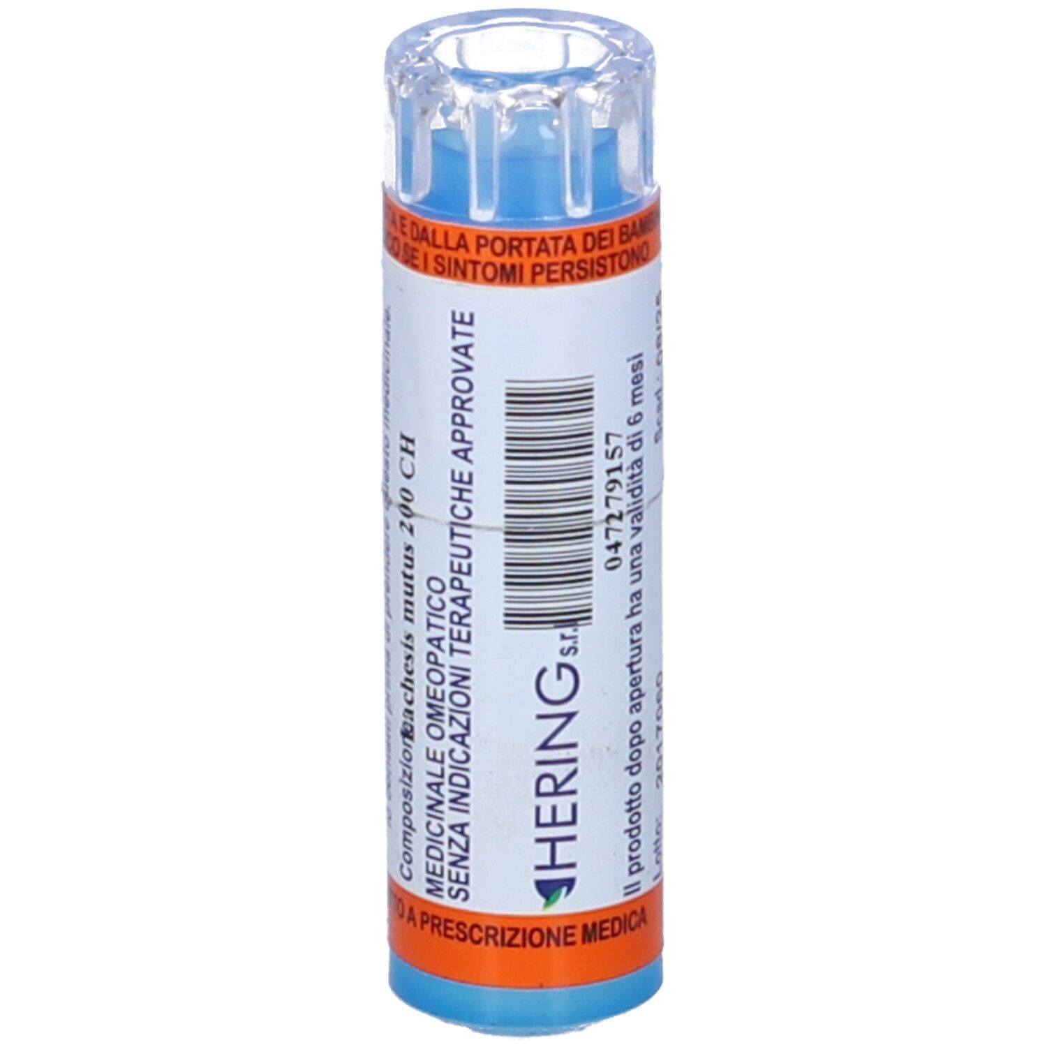 Contenitore cilindrico con scritta HERING. Etichette arancioni e blu. Coperchio trasparente. Testo: Medicinale omeopatico.