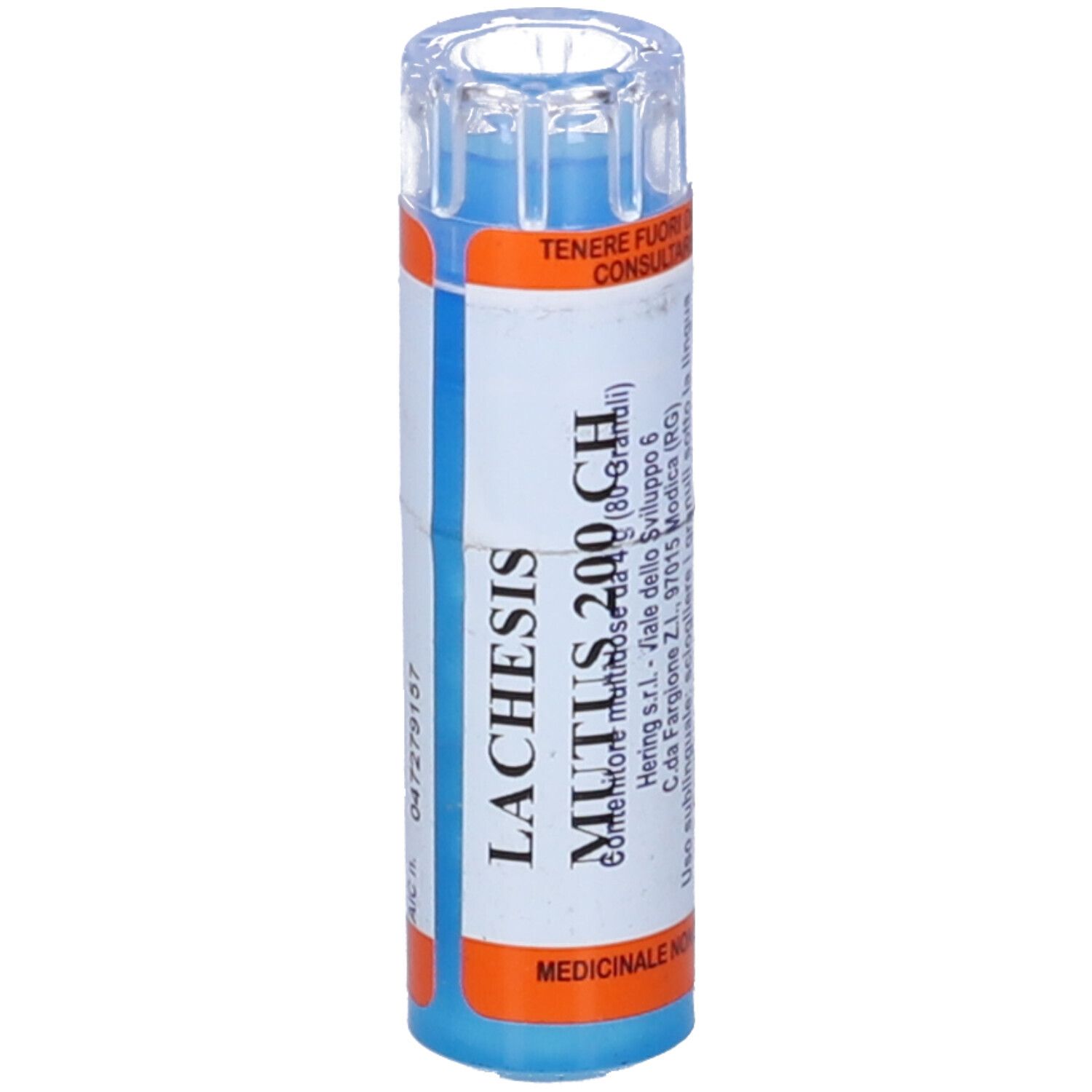 Contenitore cilindrico. Scritta: LACHESIS MUTUS 200 CH. Etichette arancioni e blu. Coperchio trasparente. Informazioni prodotto.