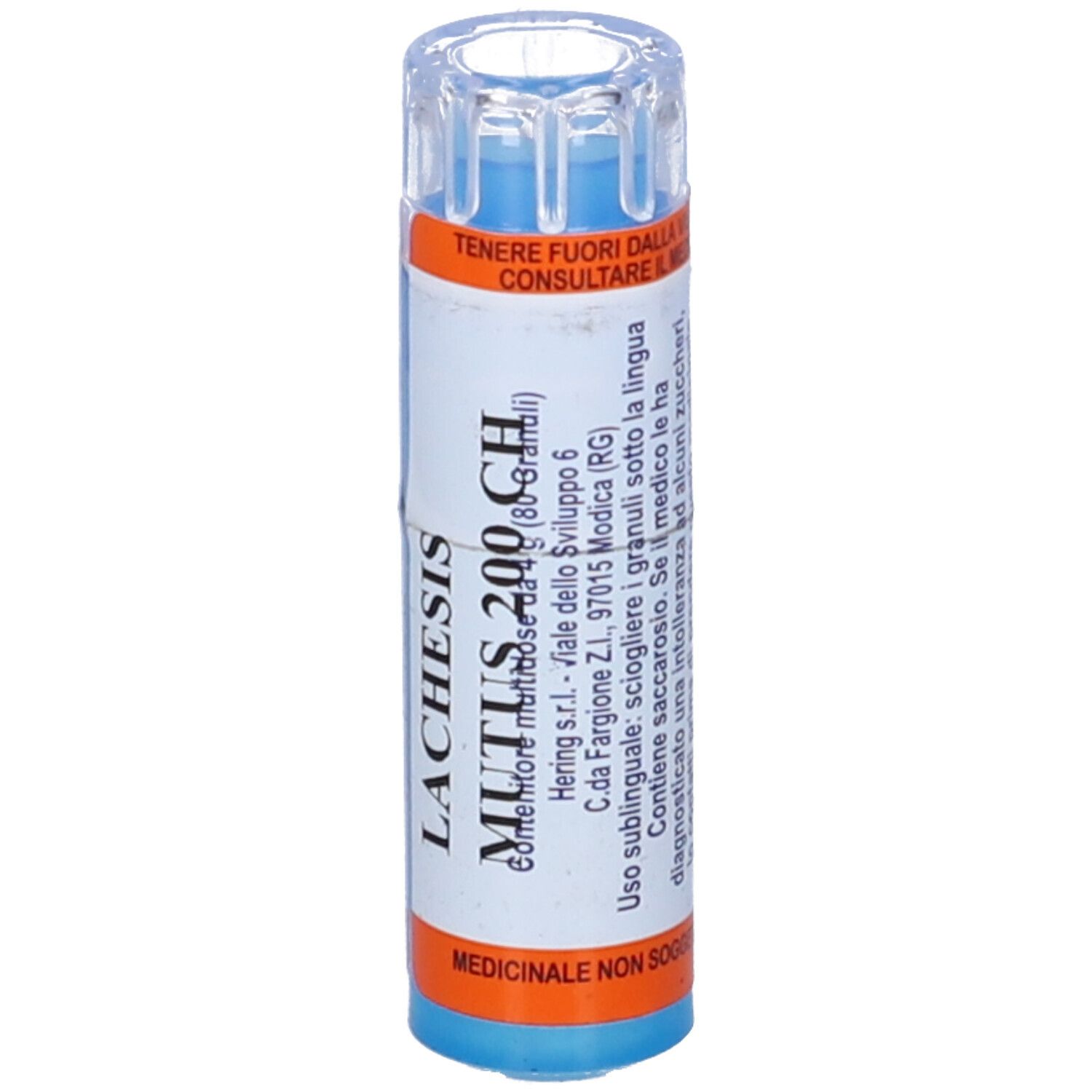 Contenitore cilindrico. Scritta: LACHESIS MUTUS 200 CH. Etichette arancioni e blu. Coperchio trasparente. Istruzioni per l'uso.