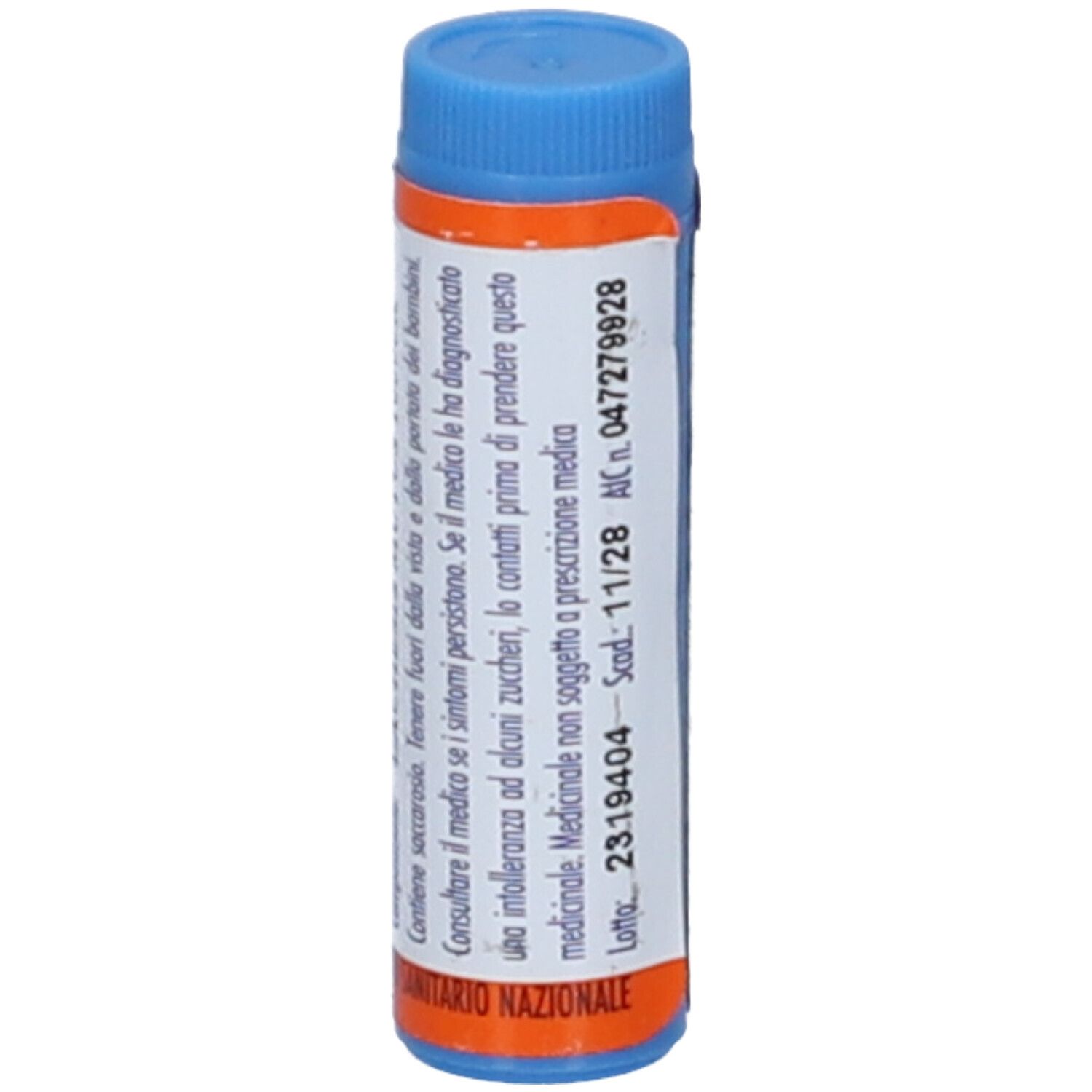 Contenitore monodose blu e bianco. Etichetta arancione con testo. Scritto: Avvertenze.