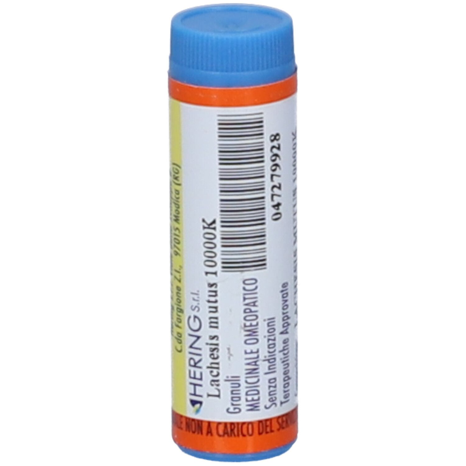 Contenitore monodose blu e bianco. Etichetta gialla con testo. Scritto: HERING Lachesis mutus 10000K Granuli.