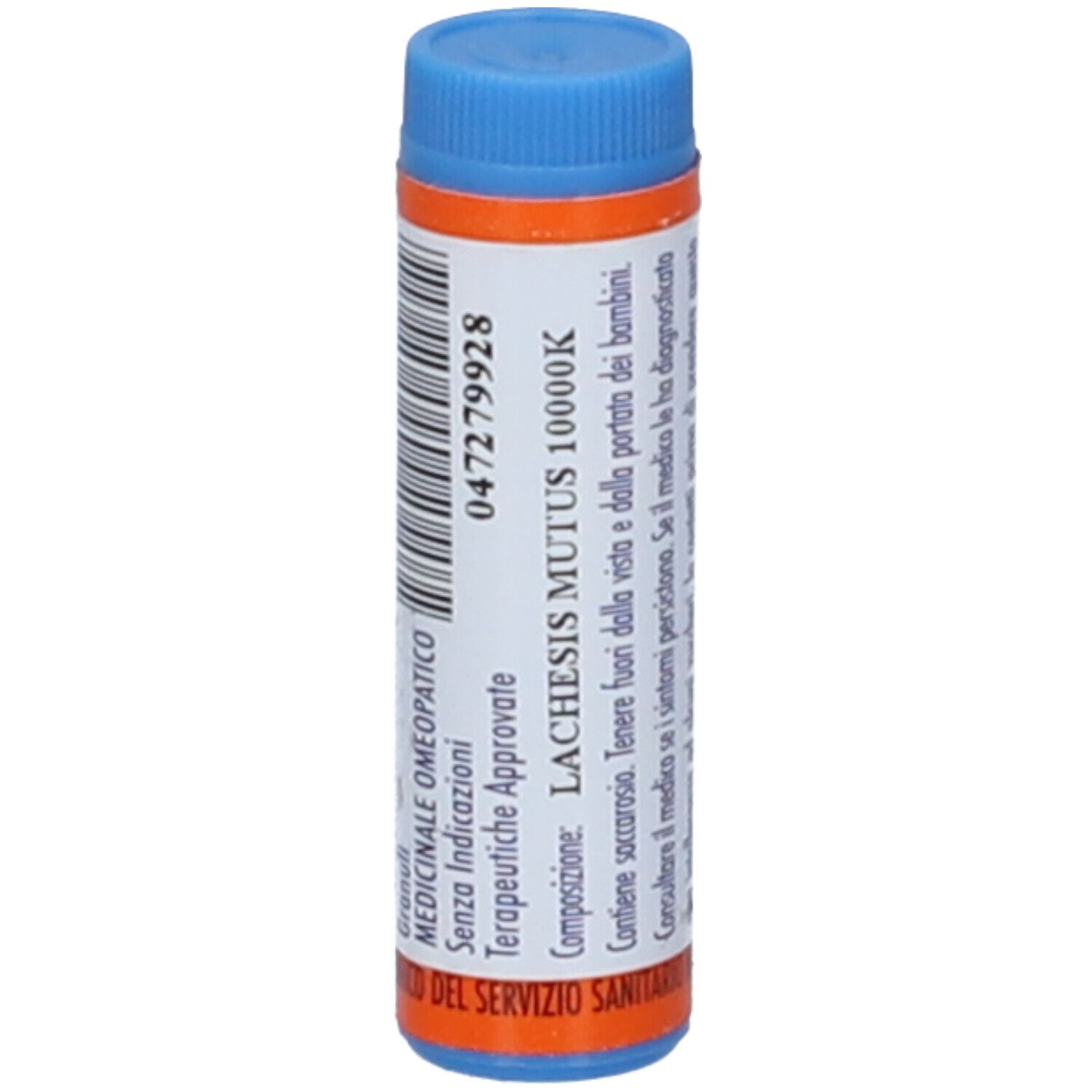 Contenitore monodose blu e bianco. Etichetta arancione con testo. Scritto: Lachesis mutus 10000K Granuli.