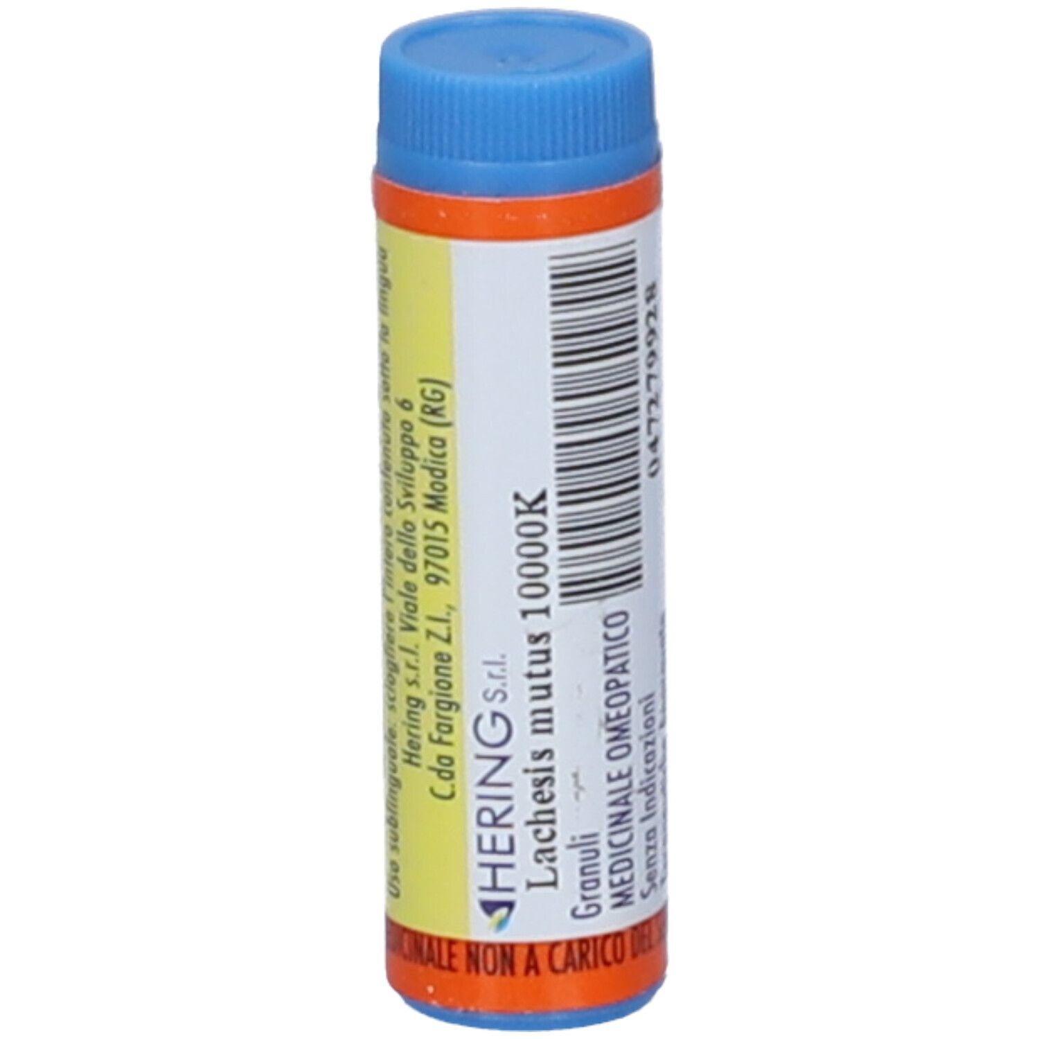 Contenitore monodose blu e bianco. Etichetta gialla con testo. Scritto: HERING Lachesis mutus 10000K Granuli.