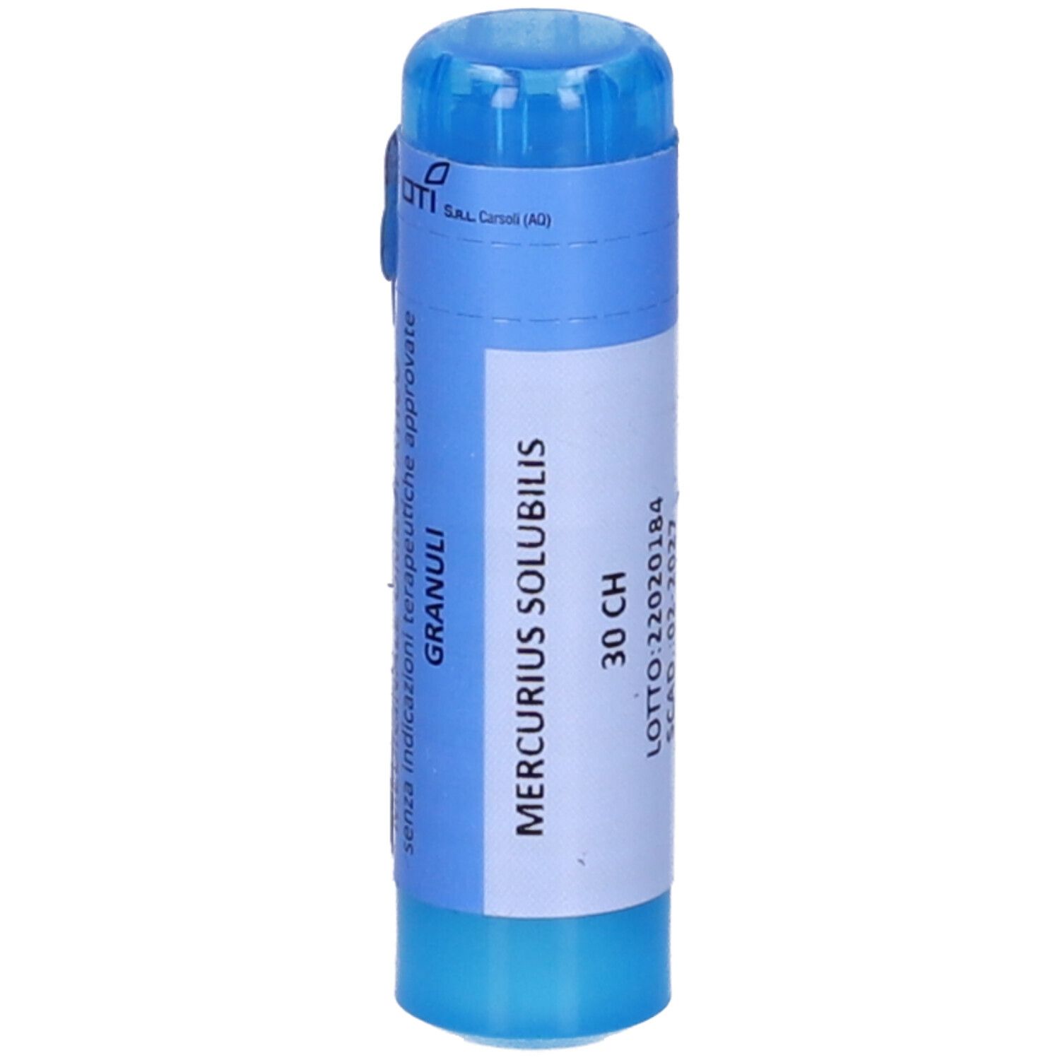 Tubo di granuli blu. Etichetta con nome del prodotto: Mercurius Solubilis 30 CH Granuli.