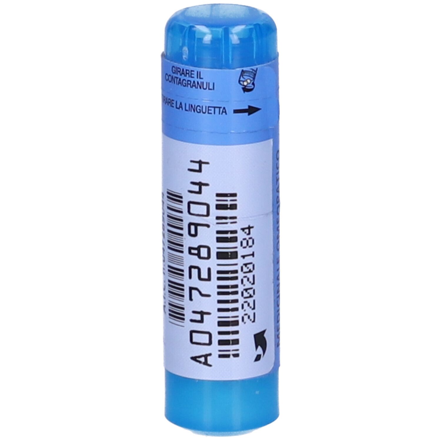 Tubo di granuli blu. Etichetta con codice a barre e numero A.I.C. Istruzioni di rotazione e trazione sul tappo.