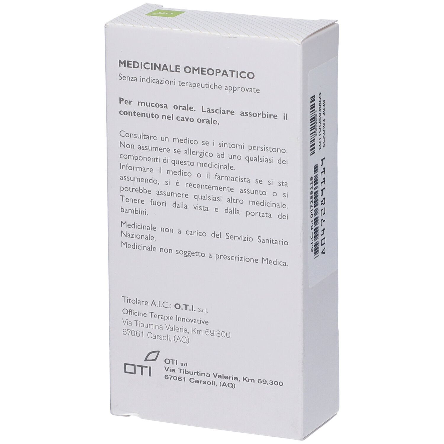 Retro della confezione del prodotto. Informazioni testuali, indirizzo del produttore e logo OTI.