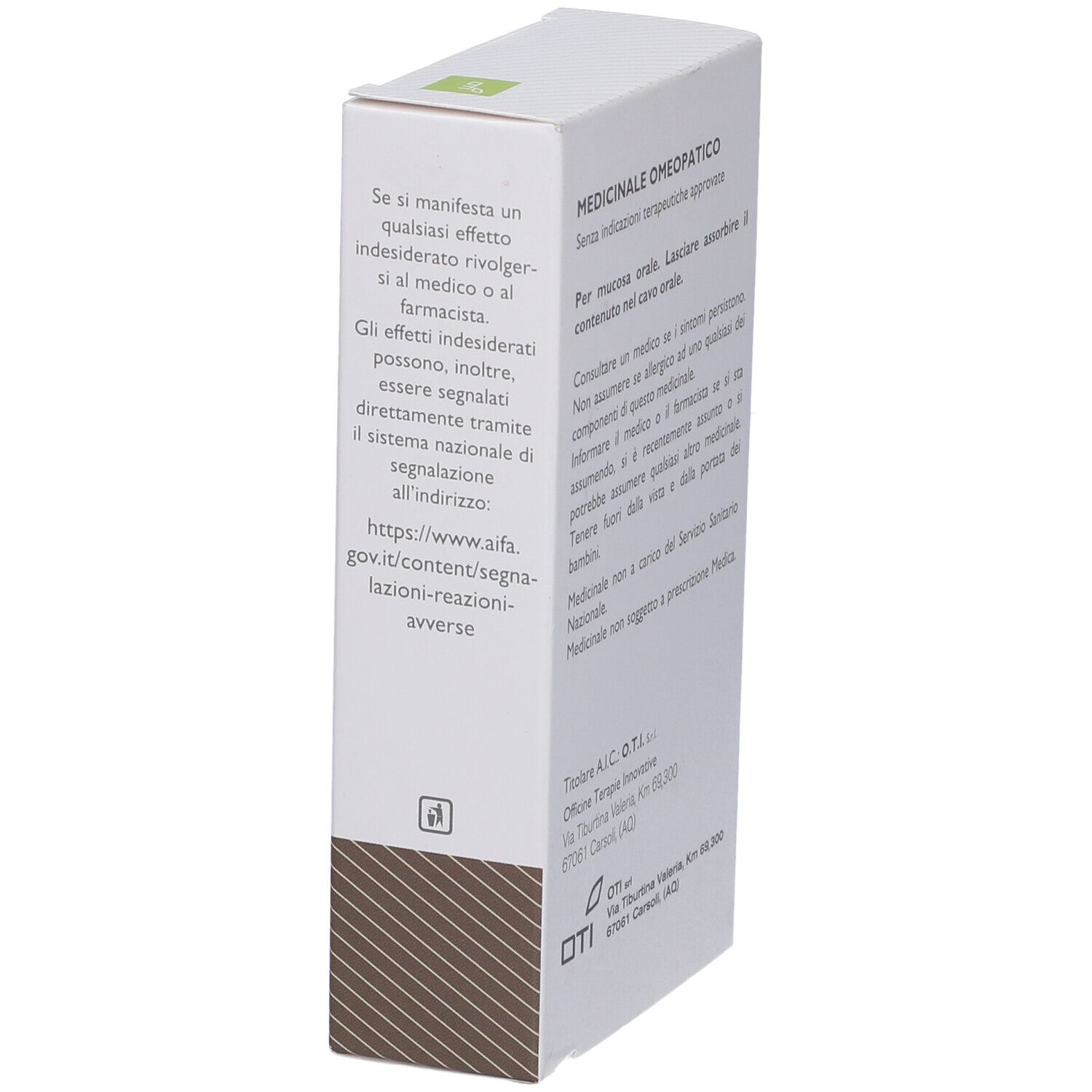 Vista laterale della confezione del prodotto. Informazioni testuali e logo OTI.