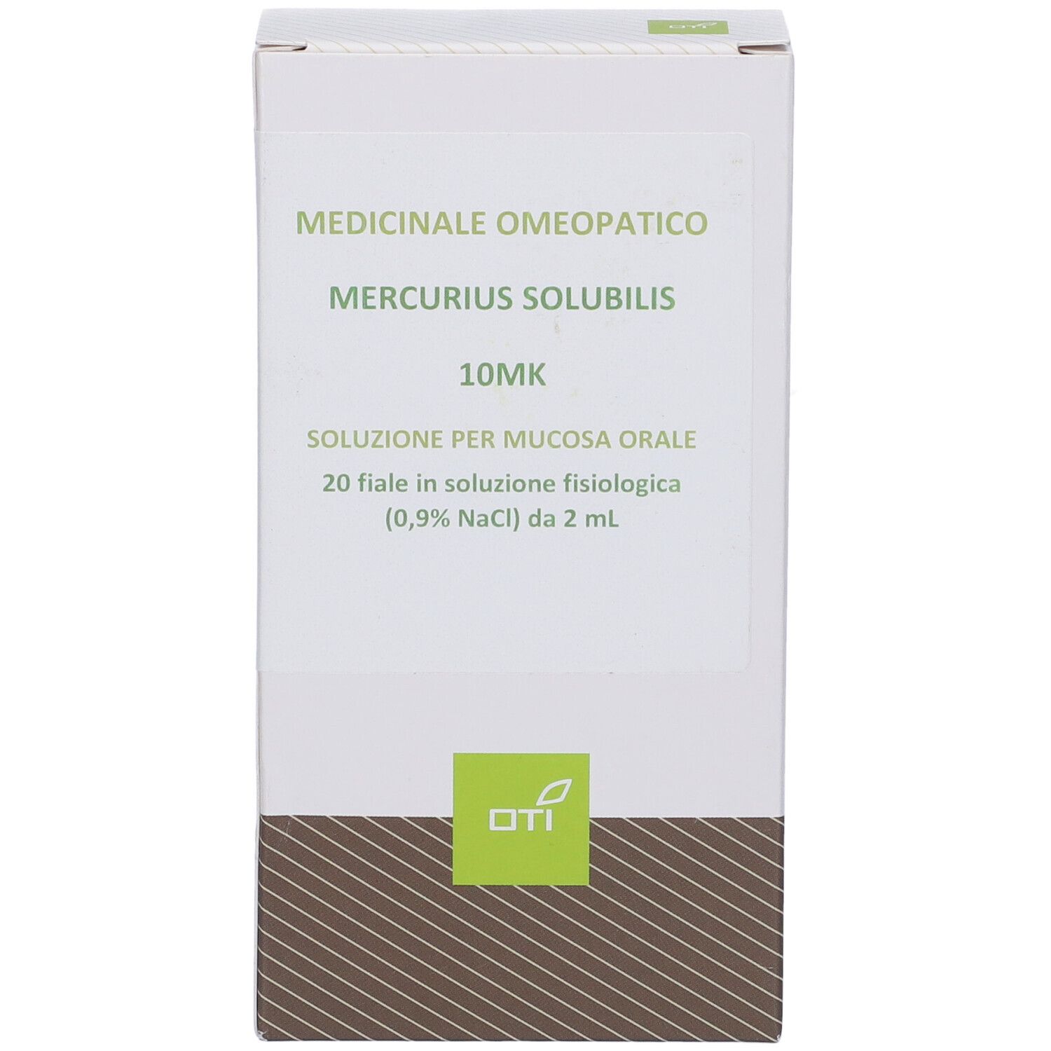 Confezione del prodotto con informazioni. Scritta: Mercurius Solubilis 10MK, soluzione per mucosa orale, 20 fiale.