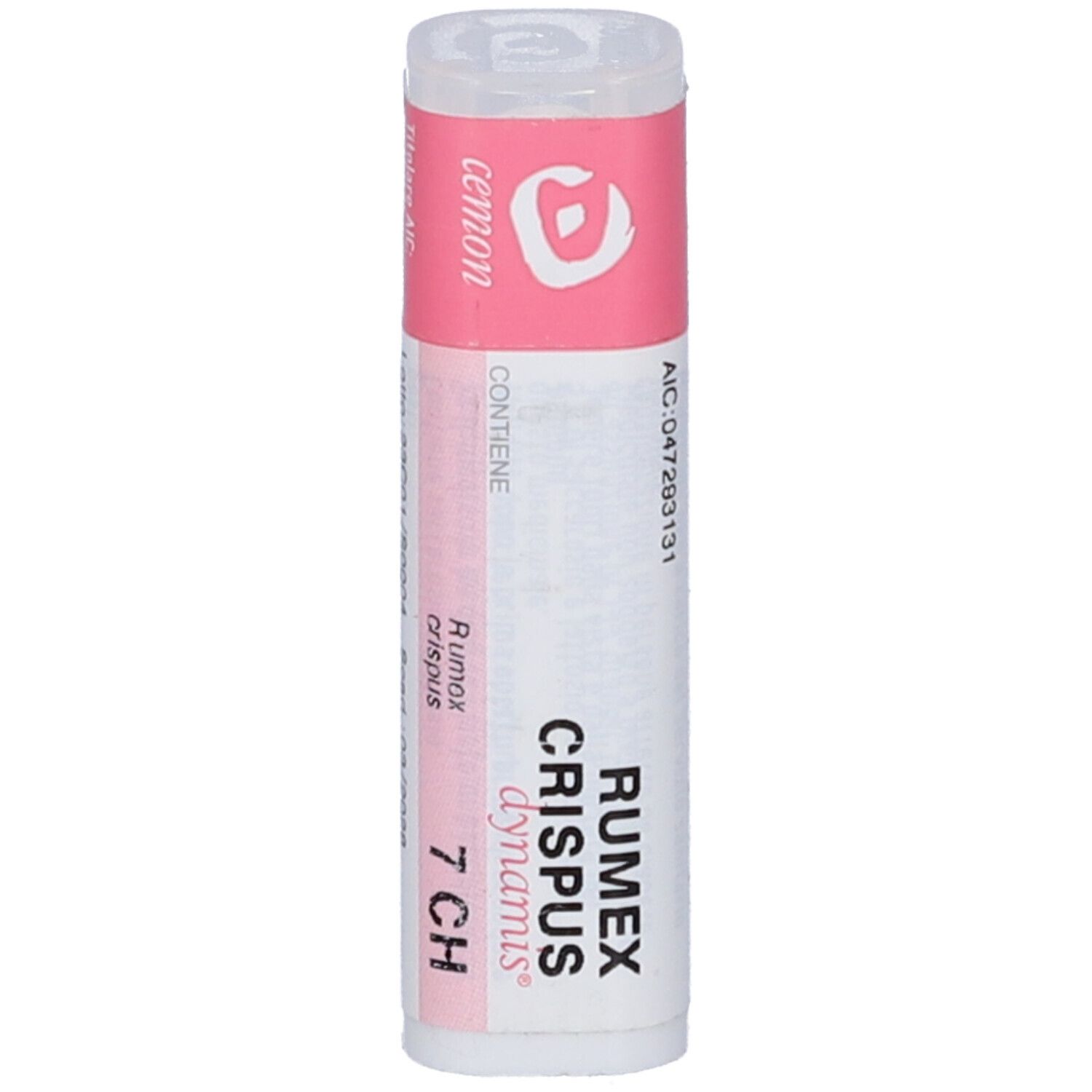 Flacone cilindrico con etichetta rosa. "Rumex Crispus dynamis 7 CH" e "AIC: 047293131".